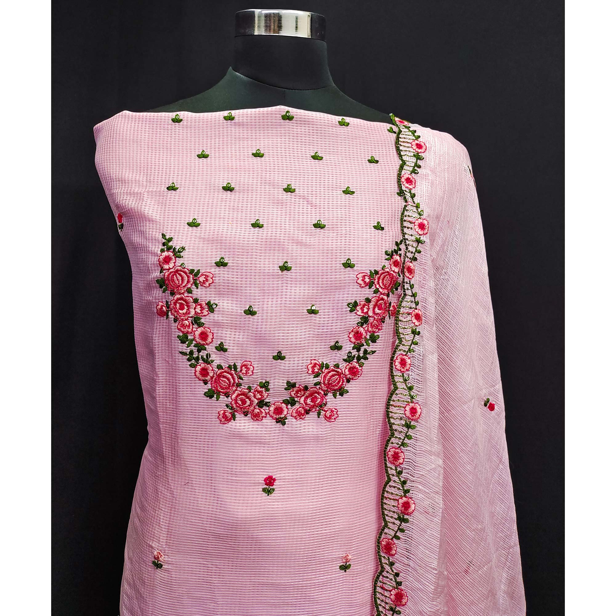 Pink Floral Embroidered Kota Doria Dress Material