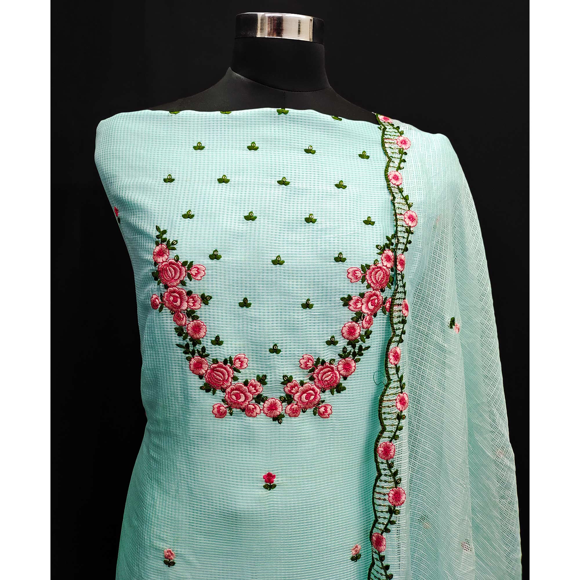 Sea Green Floral Embroidered Kota Doria Dress Material