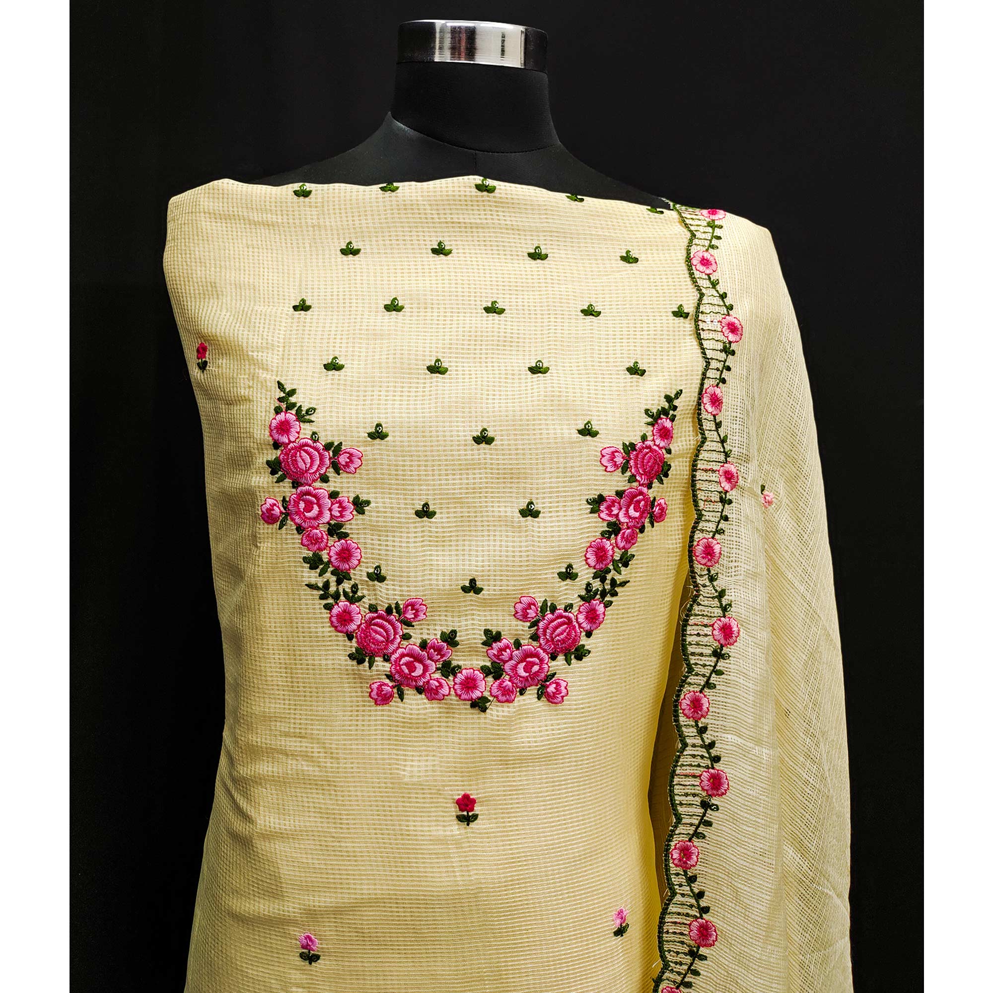 Yellow Floral Embroidered Kota Doria Dress Material