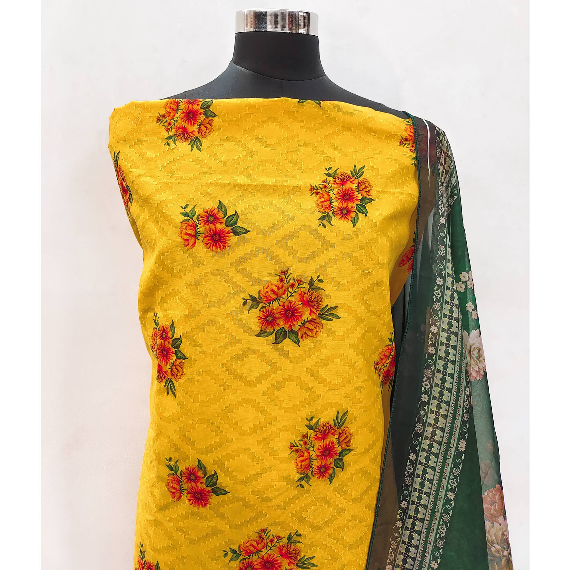 Yellow Floral Printed Pure Cotton Dress Material