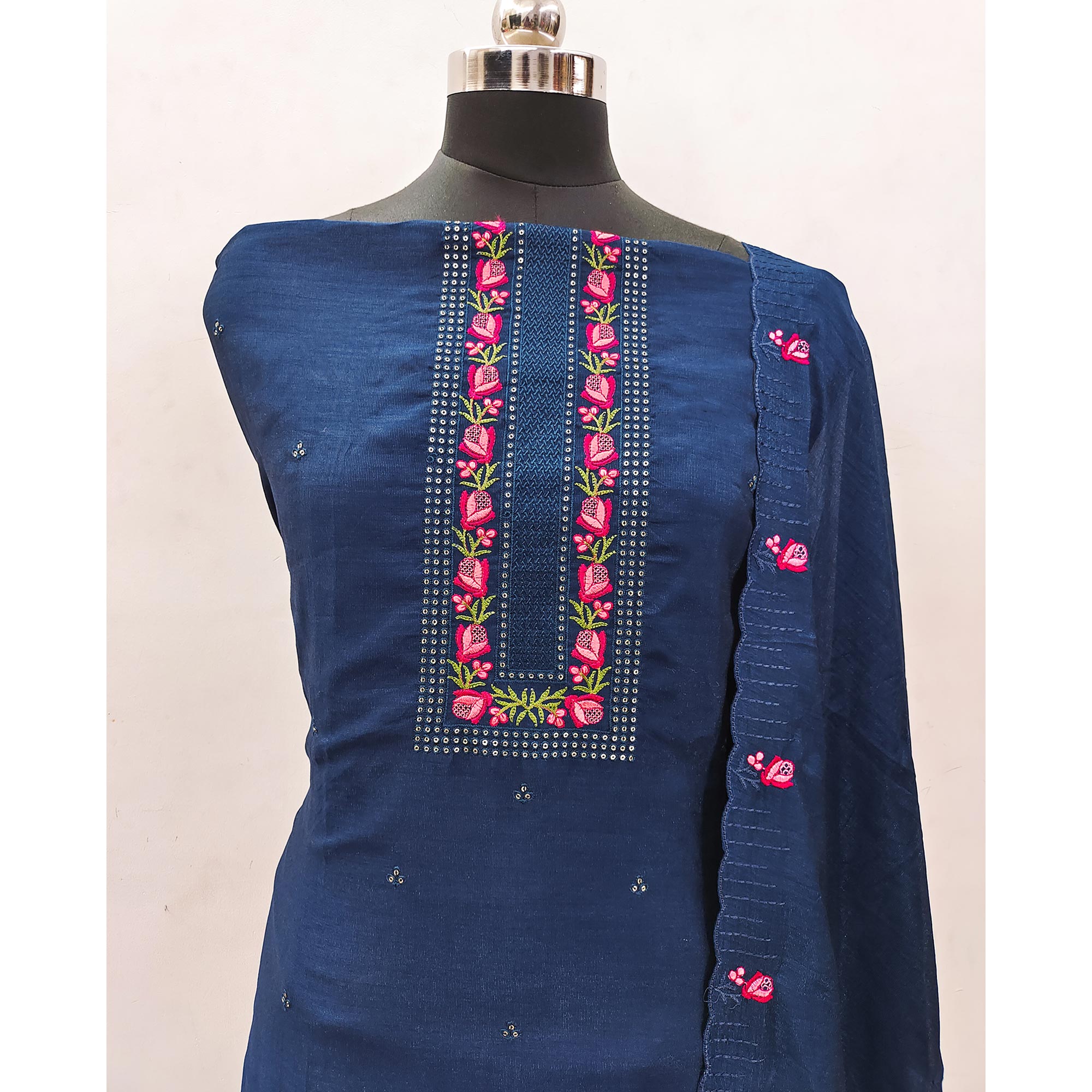 Blue Embroidered Vichitra Silk Dress Material