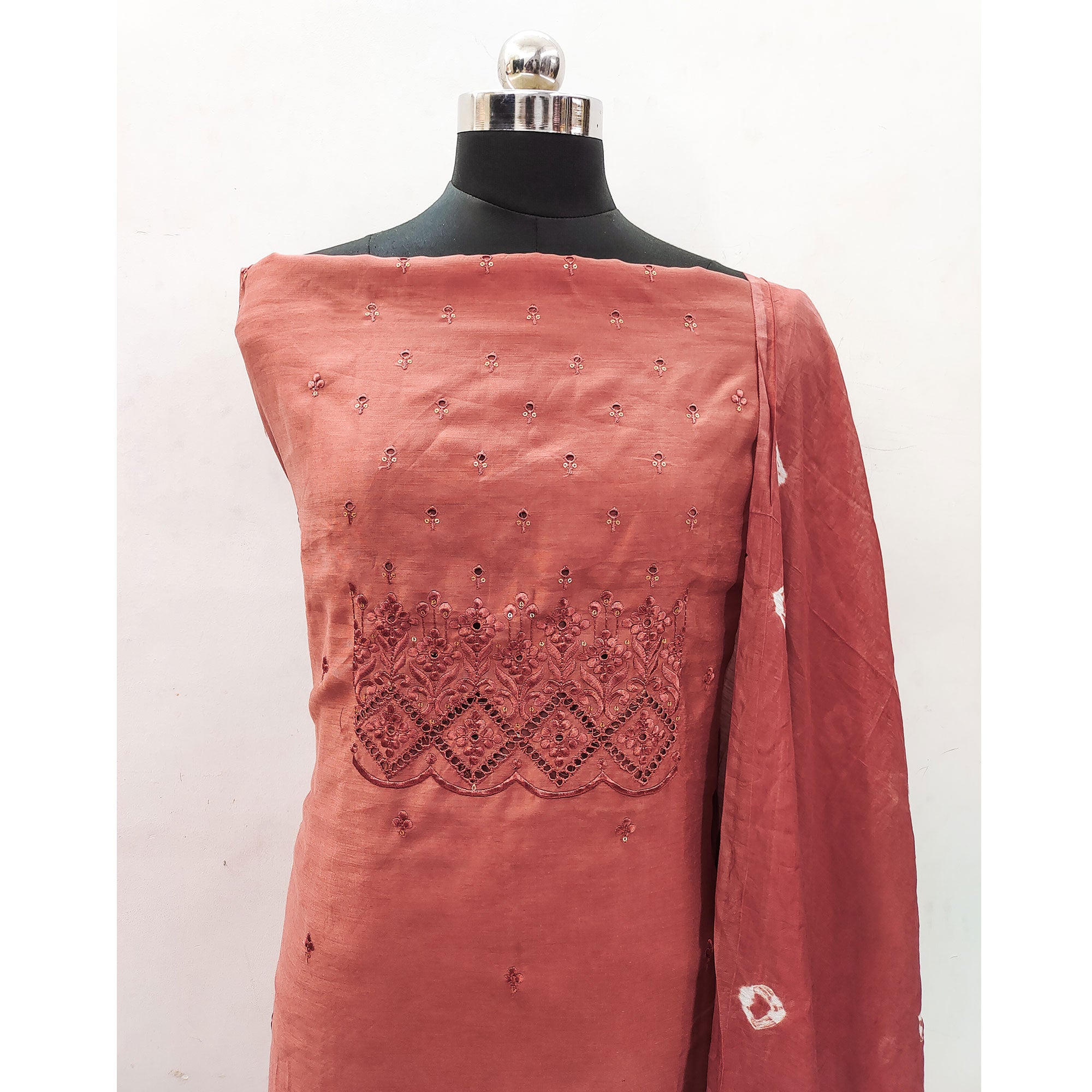 Peach Embroidered Cotton Blend Dress Material