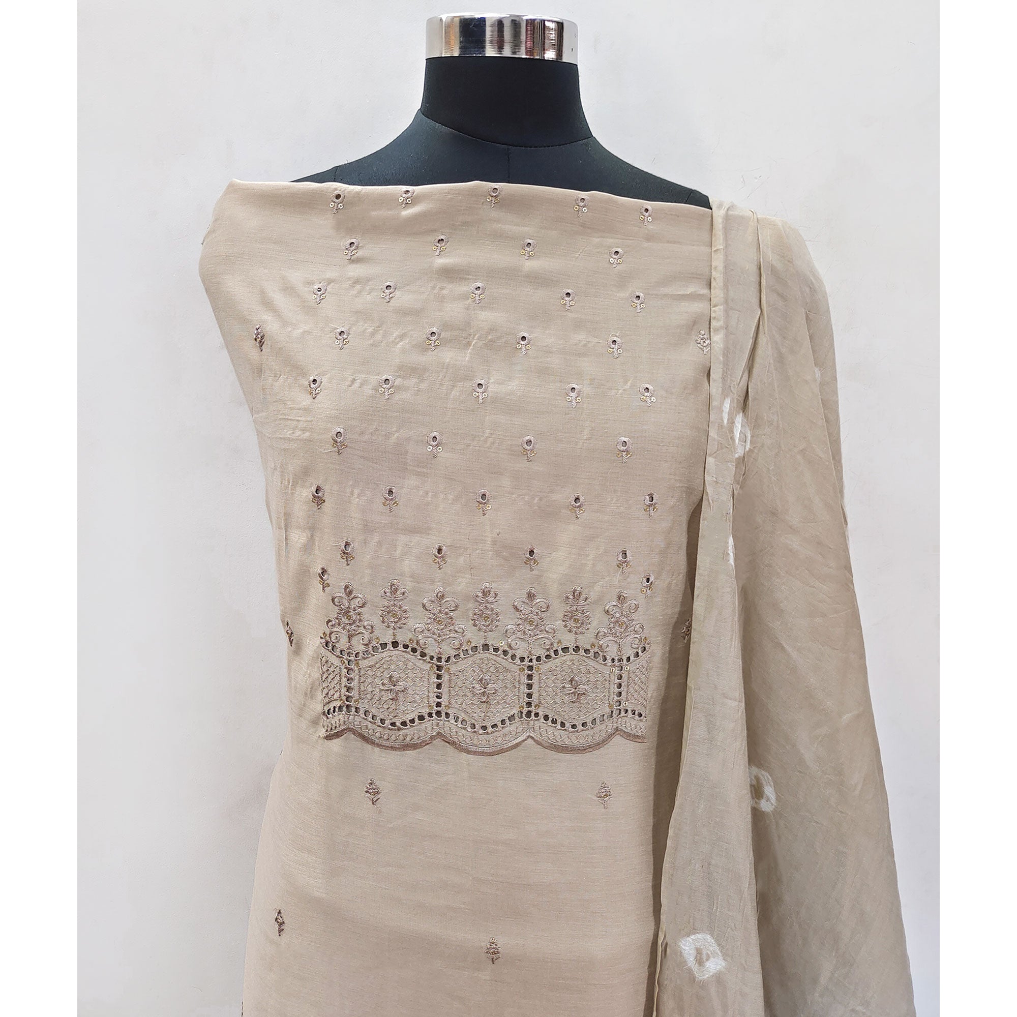 Beige Embroidered Cotton Blend Dress Material