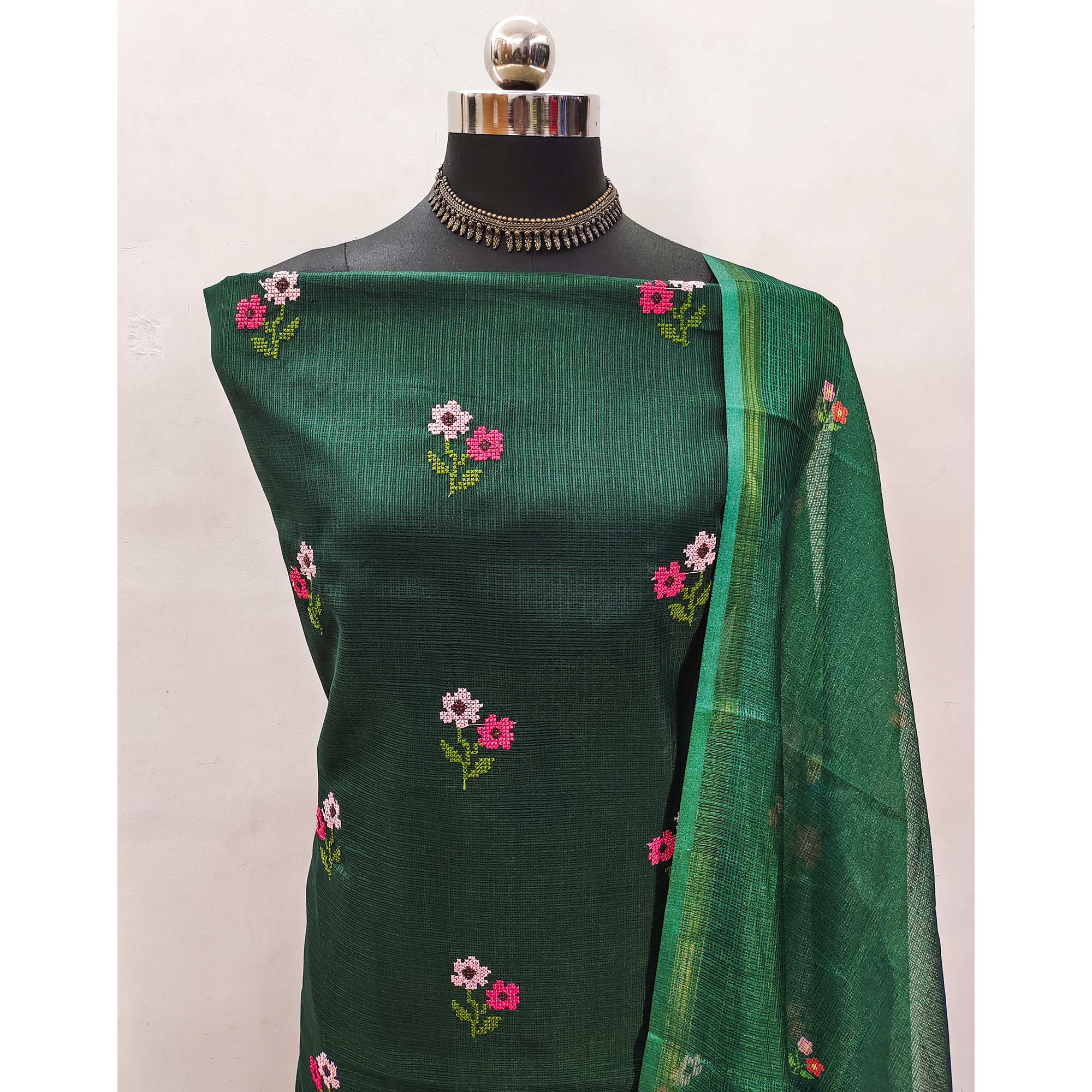 Dark Green Floral Embroidered Kota Doria Dress Material
