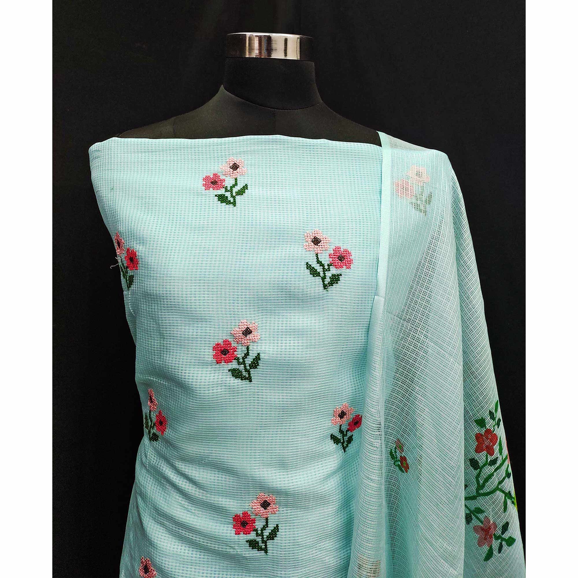 Light Blue Floral Embroidered Kota Doria Dress Material