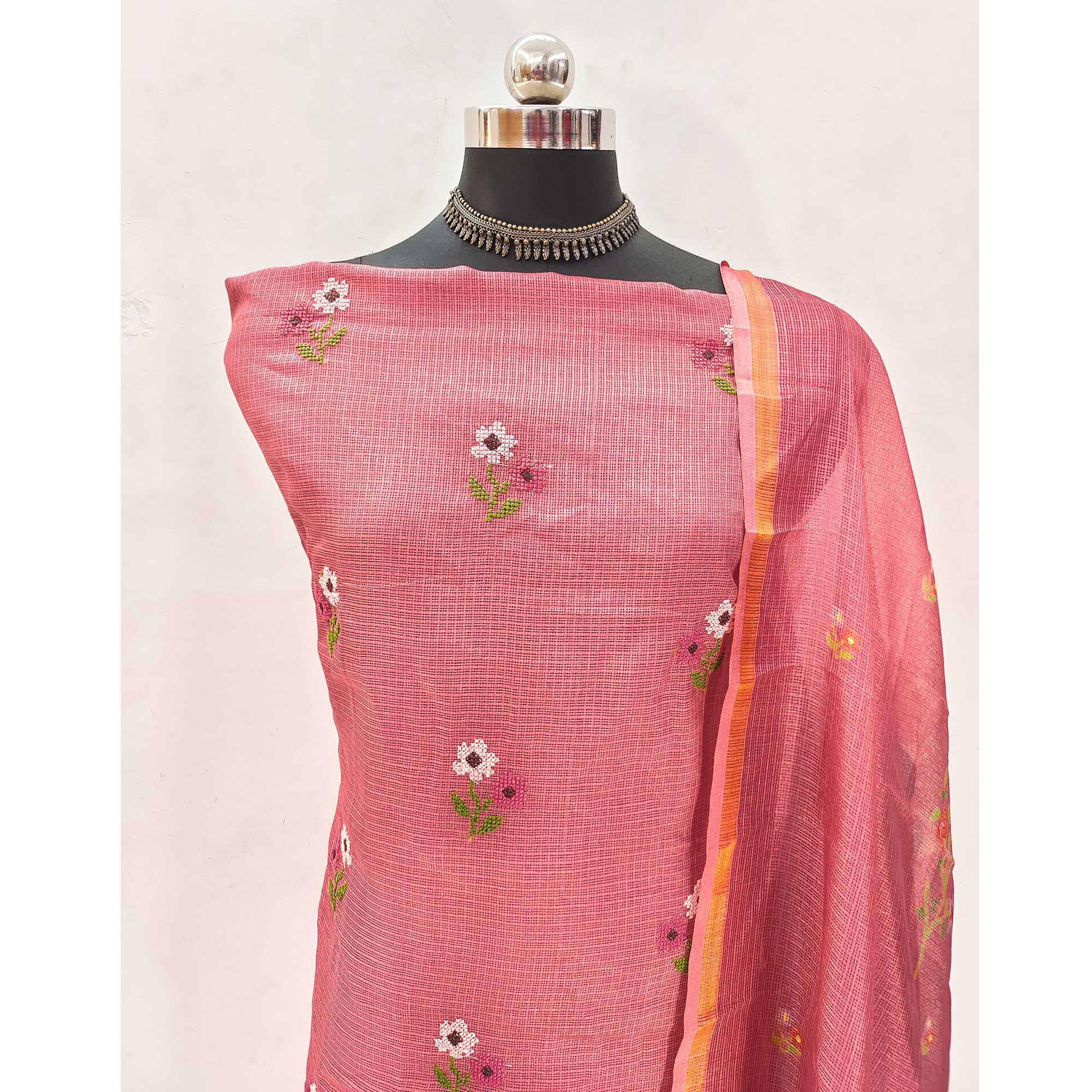 Peach Floral Embroidered Kota Doria Dress Material