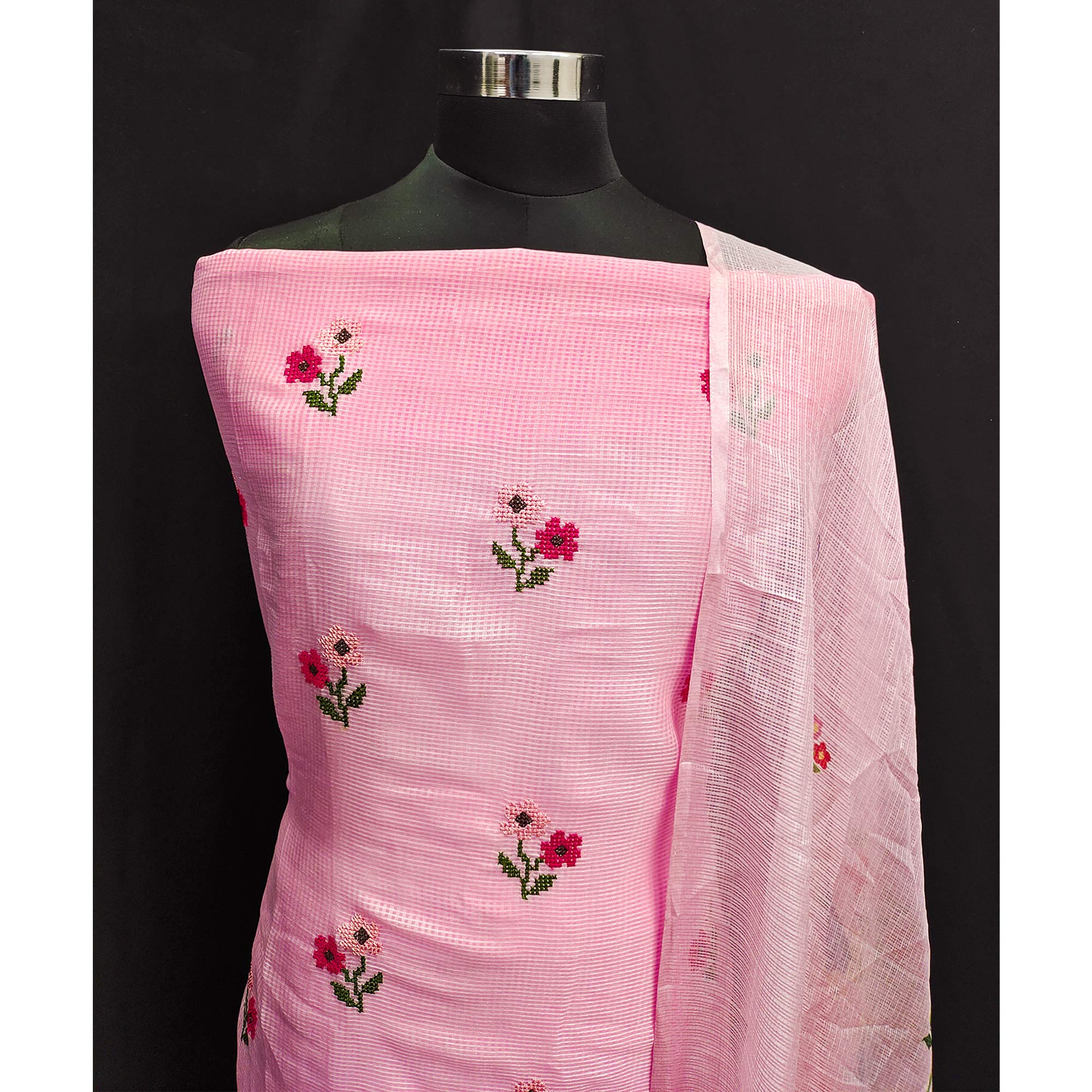 Pink Floral Embroidered Kota Doria Dress Material