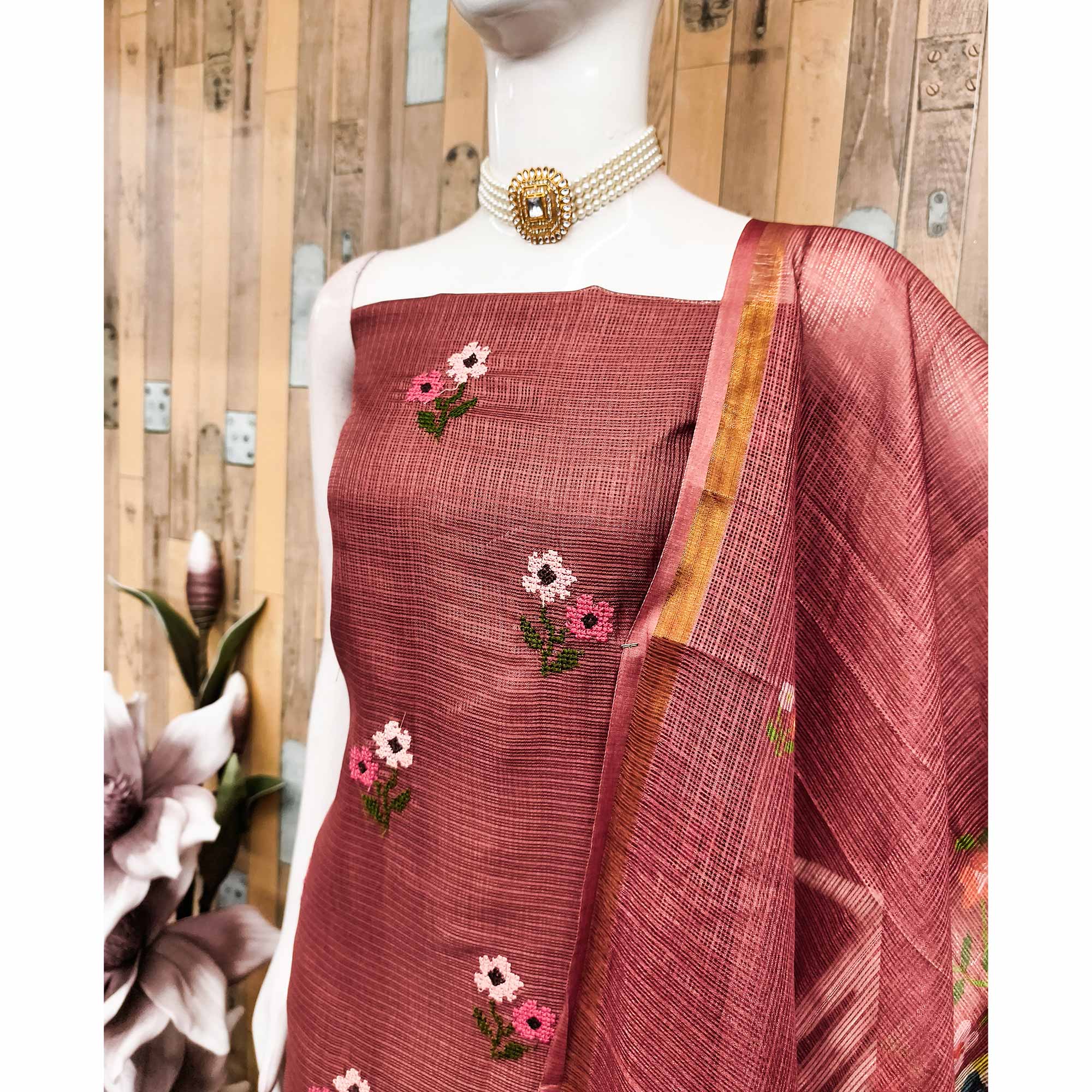 Unstitched Rust Suit Set in Soft Kota Doria Adorned with Floral Embroidery