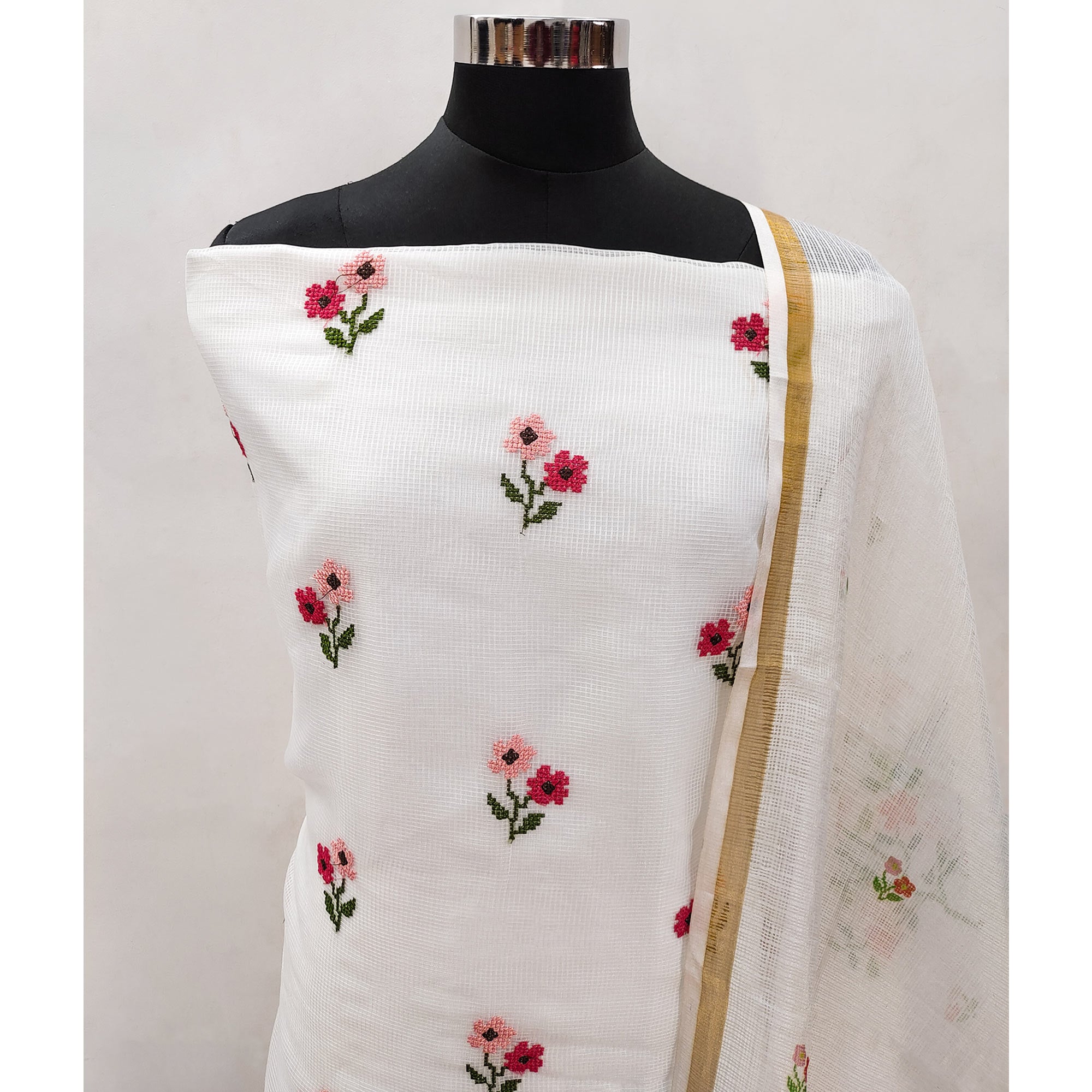 White Floral Embroidered Kota Doria Dress Material