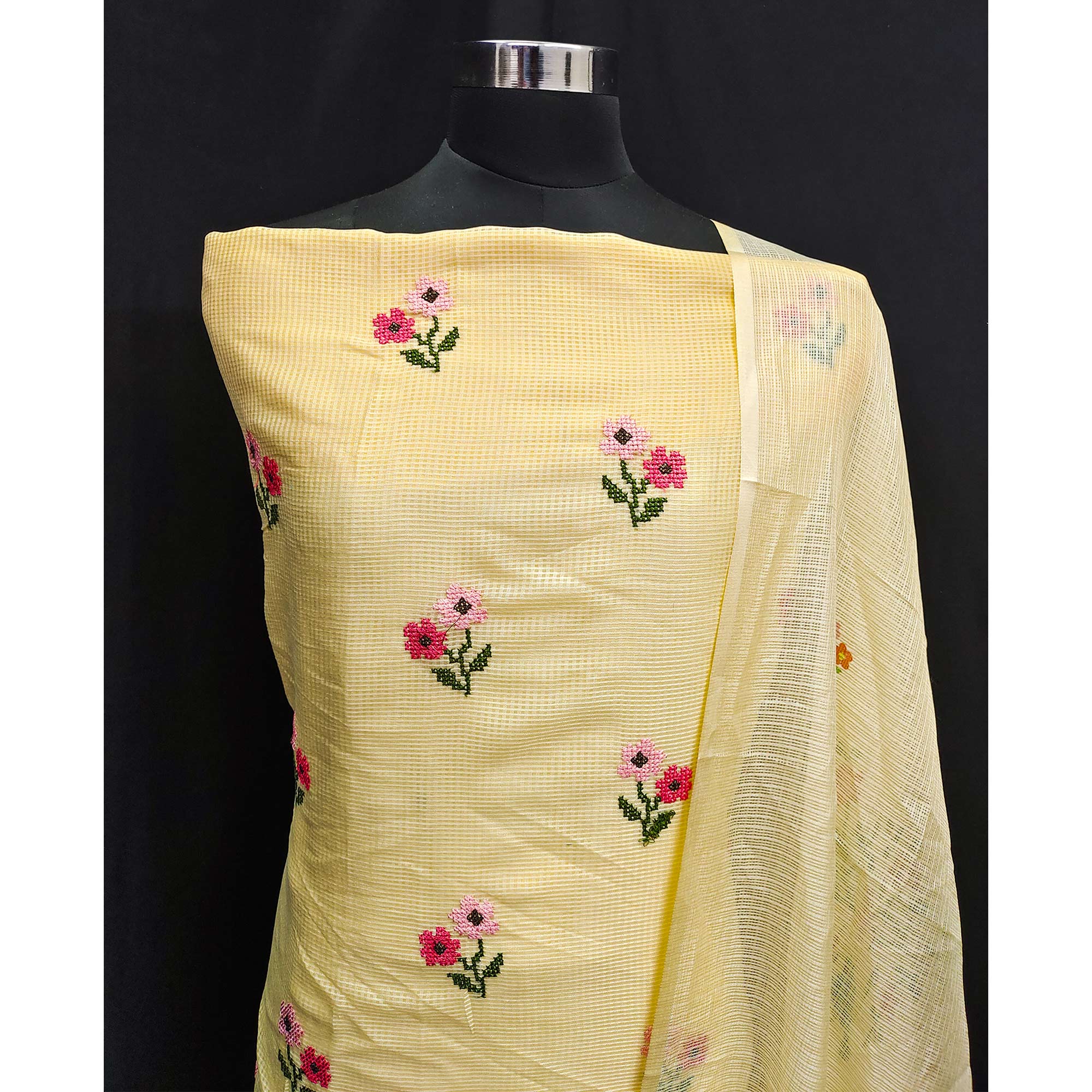 Yellow Floral Embroidered Kota Doria Dress Material