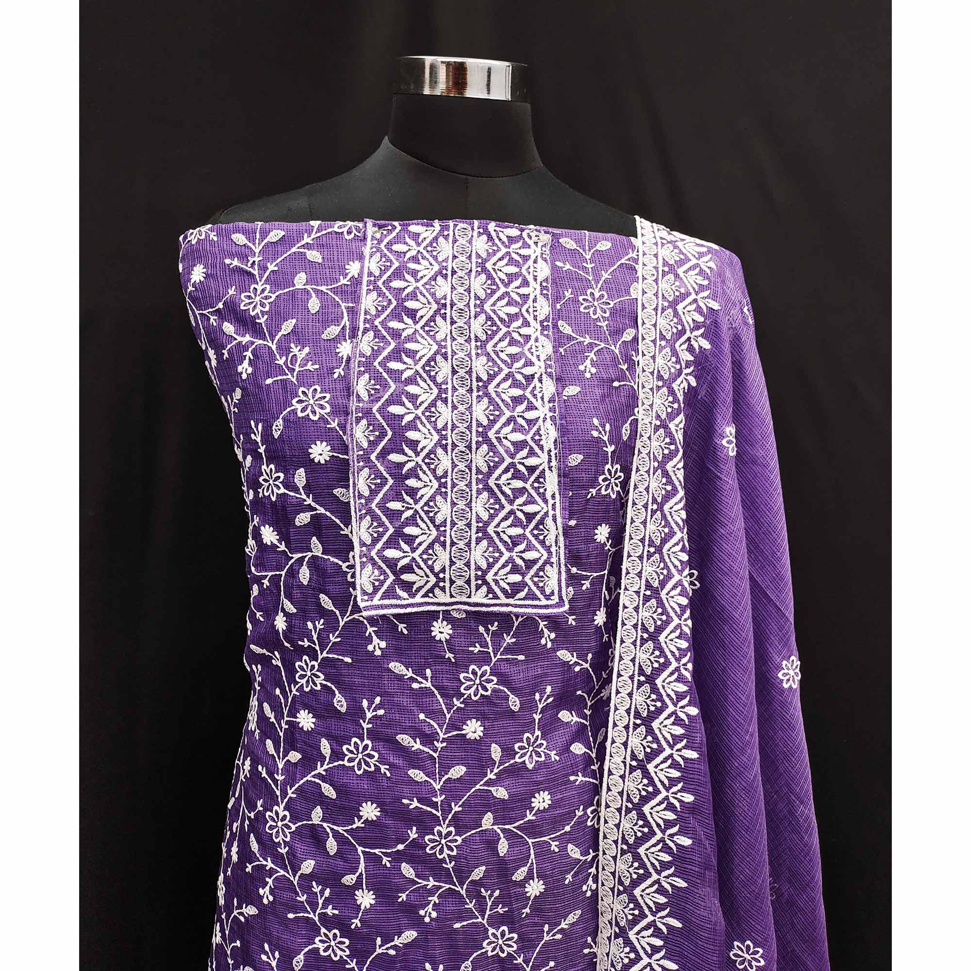 Lavender Floral Embroidered Kota Doria Dress Material