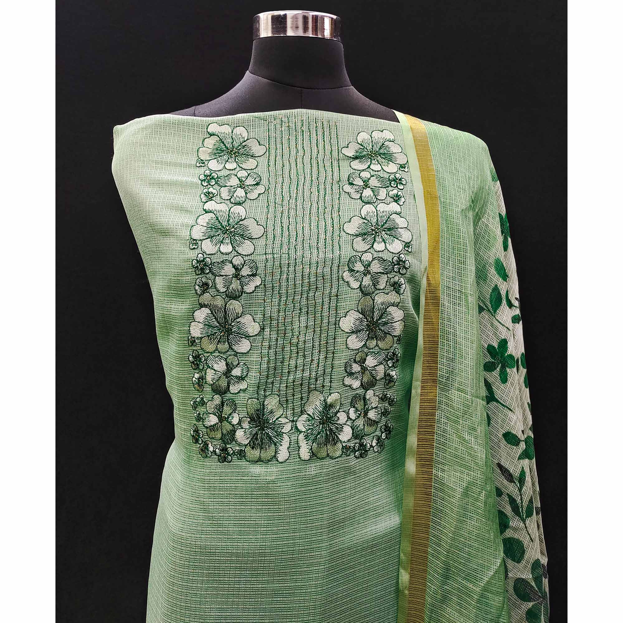 Green Floral Embroidered Kota Doria Dress Material