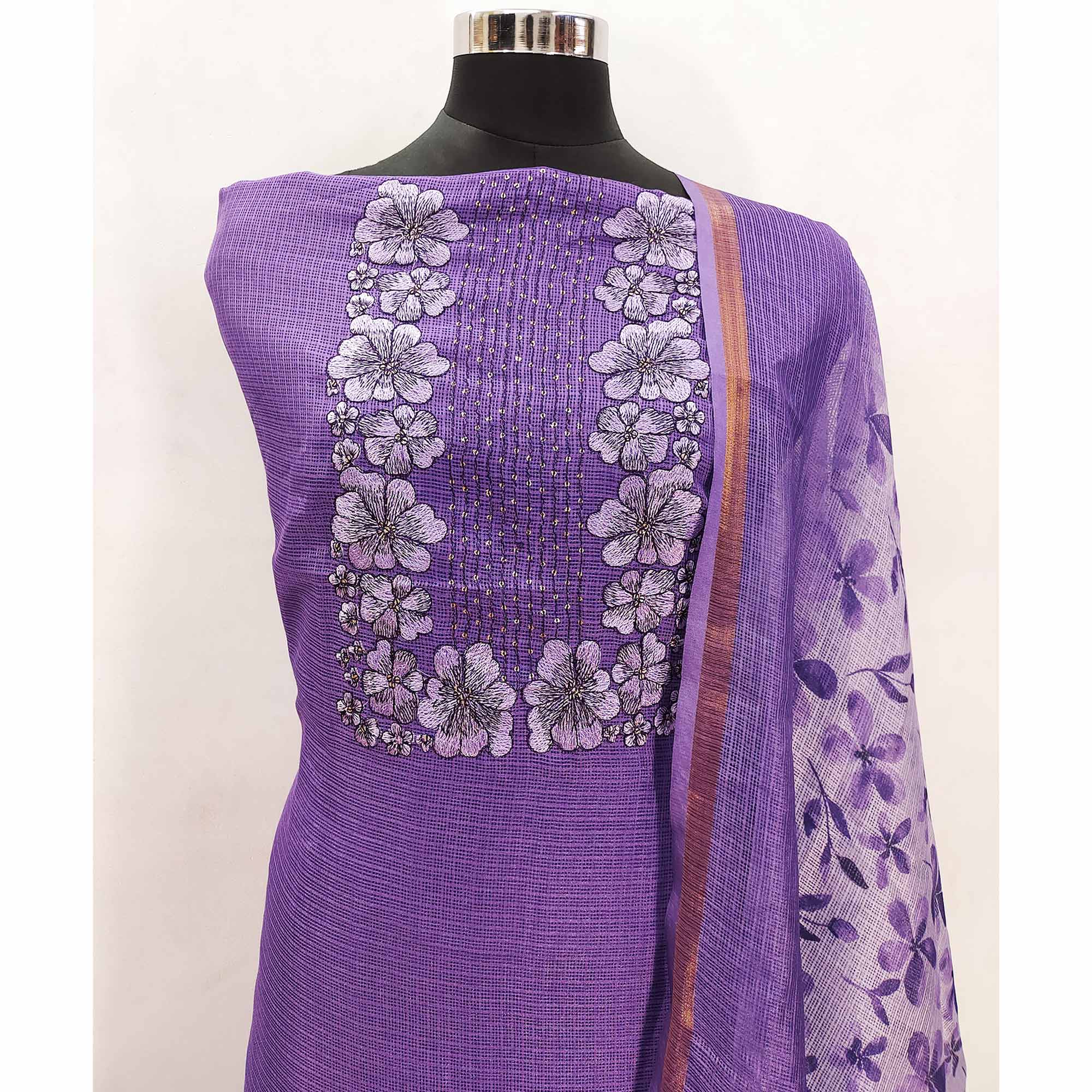 Lavender Floral Embroidered Kota Doria Dress Material