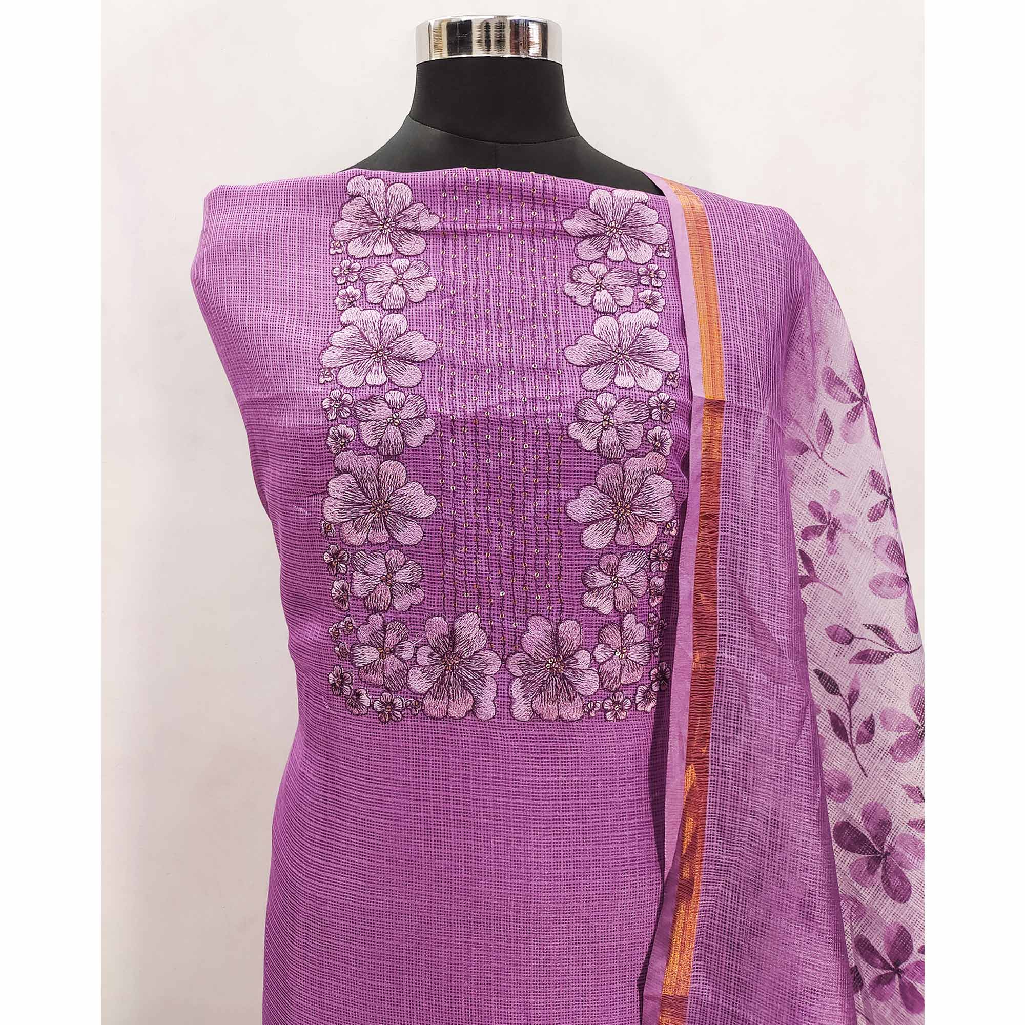 Purple Floral Embroidered Kota Doria Dress Material