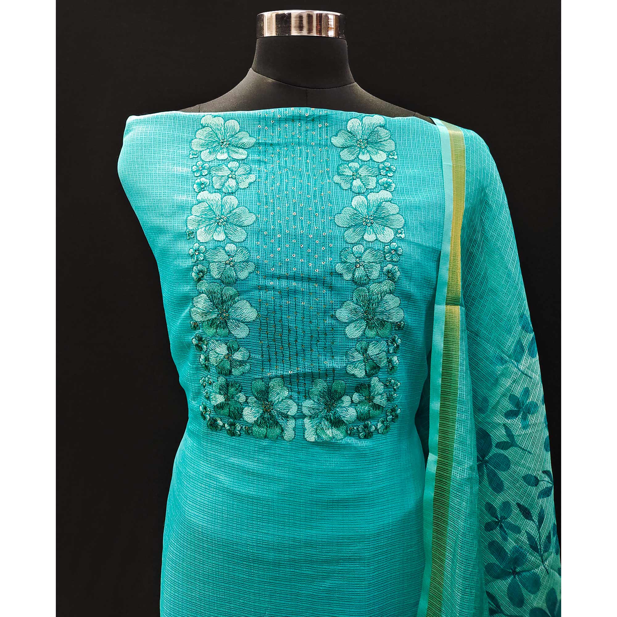 Turquoise Floral Embroidered Kota Doria Dress Material