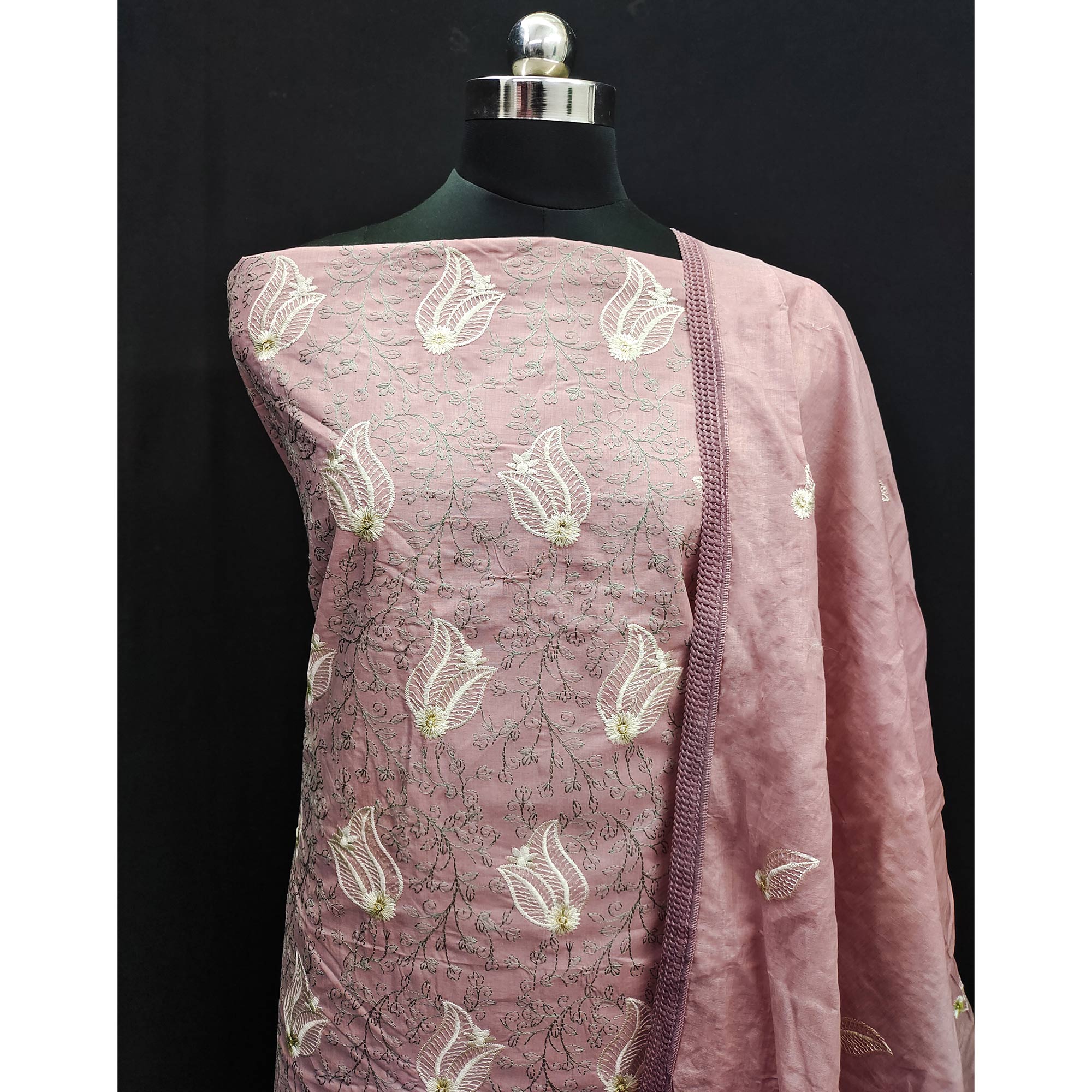 Dusty Pink Floral Embroidered Pure Cotton Dress Material