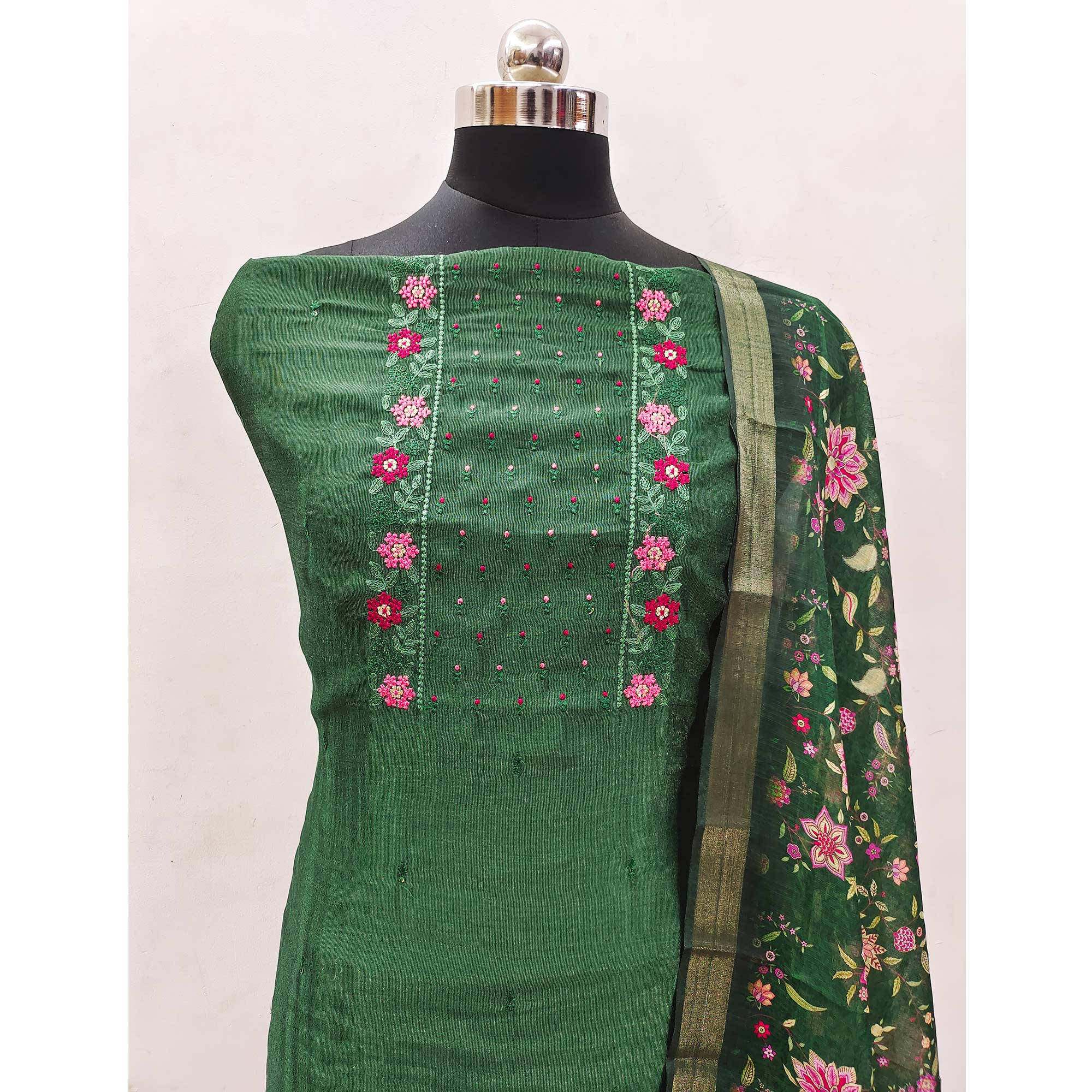 Green Embroidered Vichitra Silk Dress Material