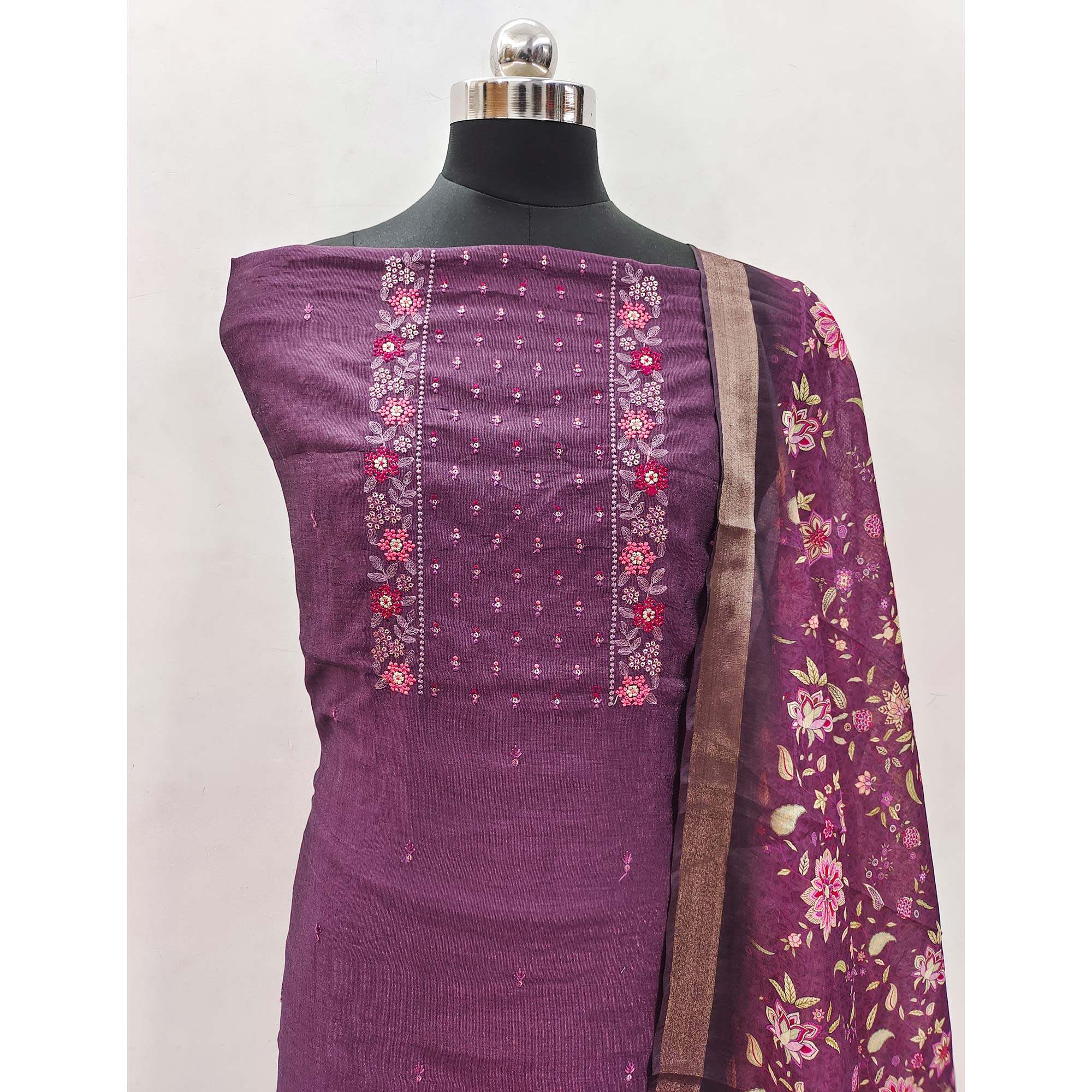 Purple Embroidered Vichitra Silk Dress Material