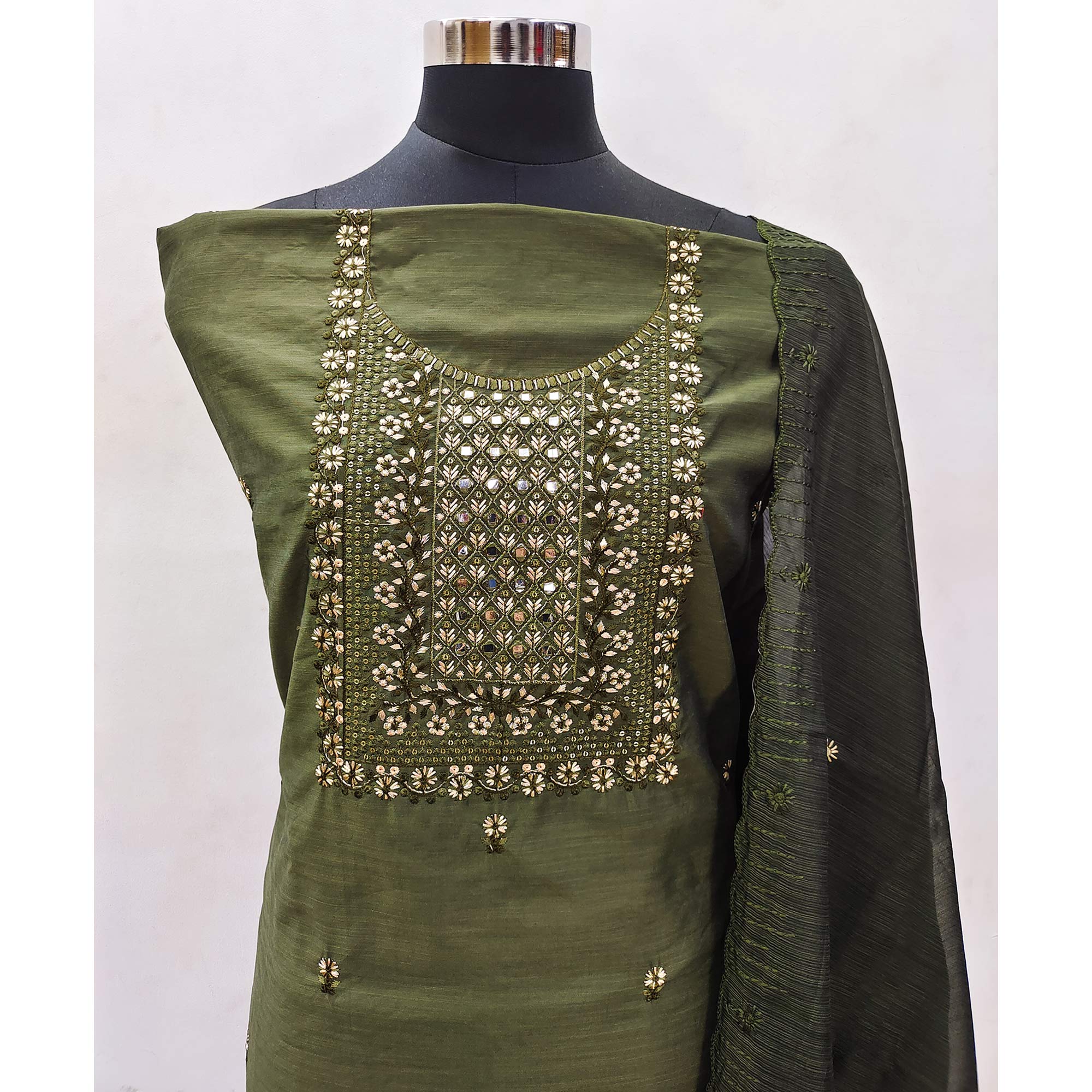 Green Floral Embroidered Cotton Blend Dress Material