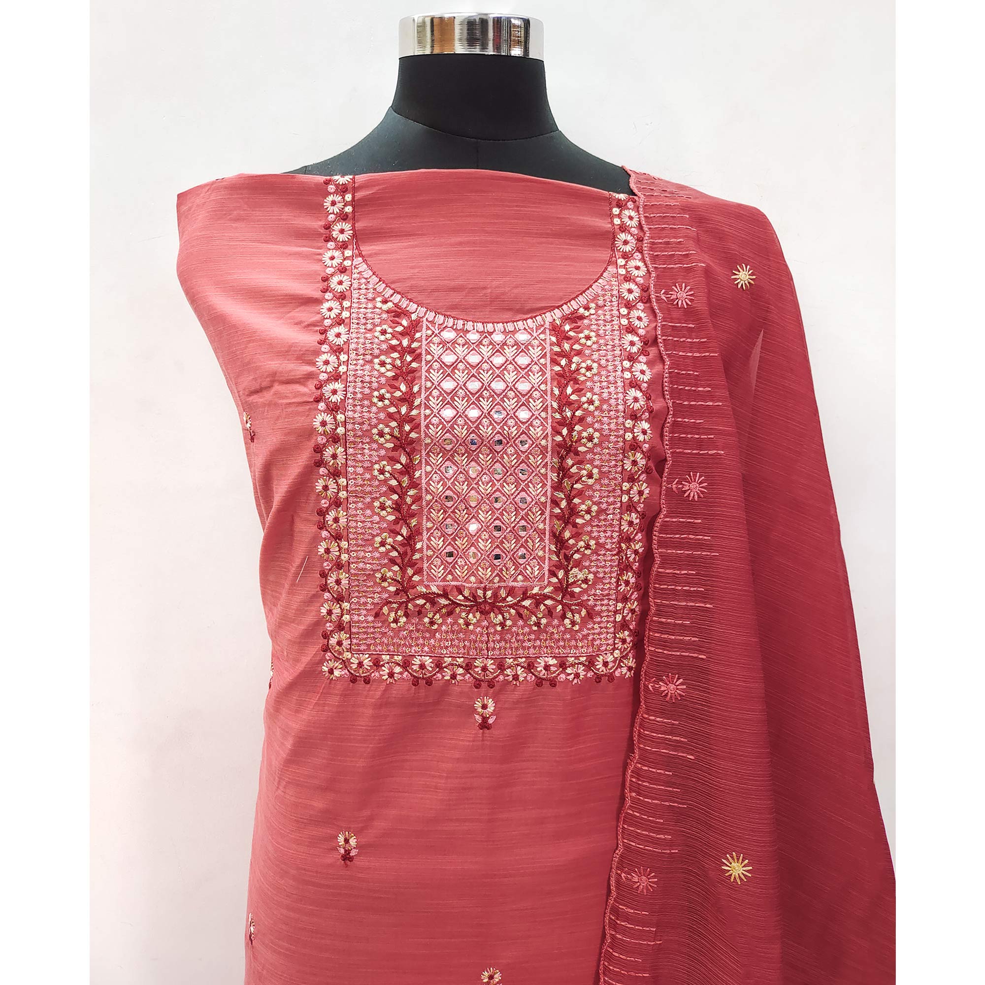 Red Floral Embroidered Cotton Blend Dress Material
