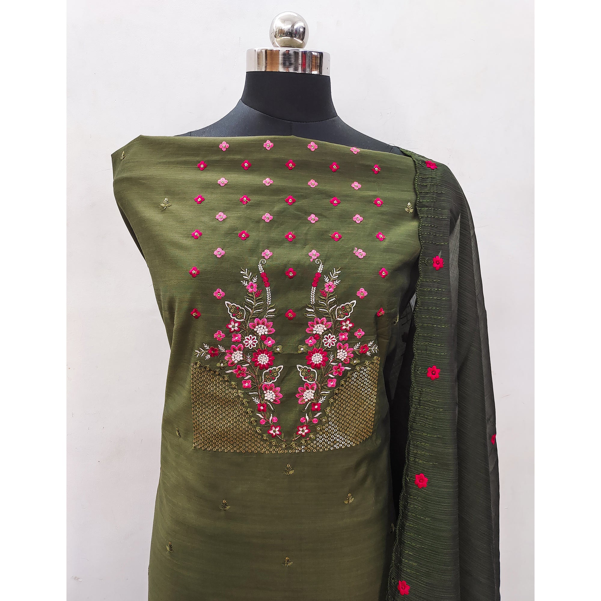 Green Floral Embroidered Cotton Blend Dress Material