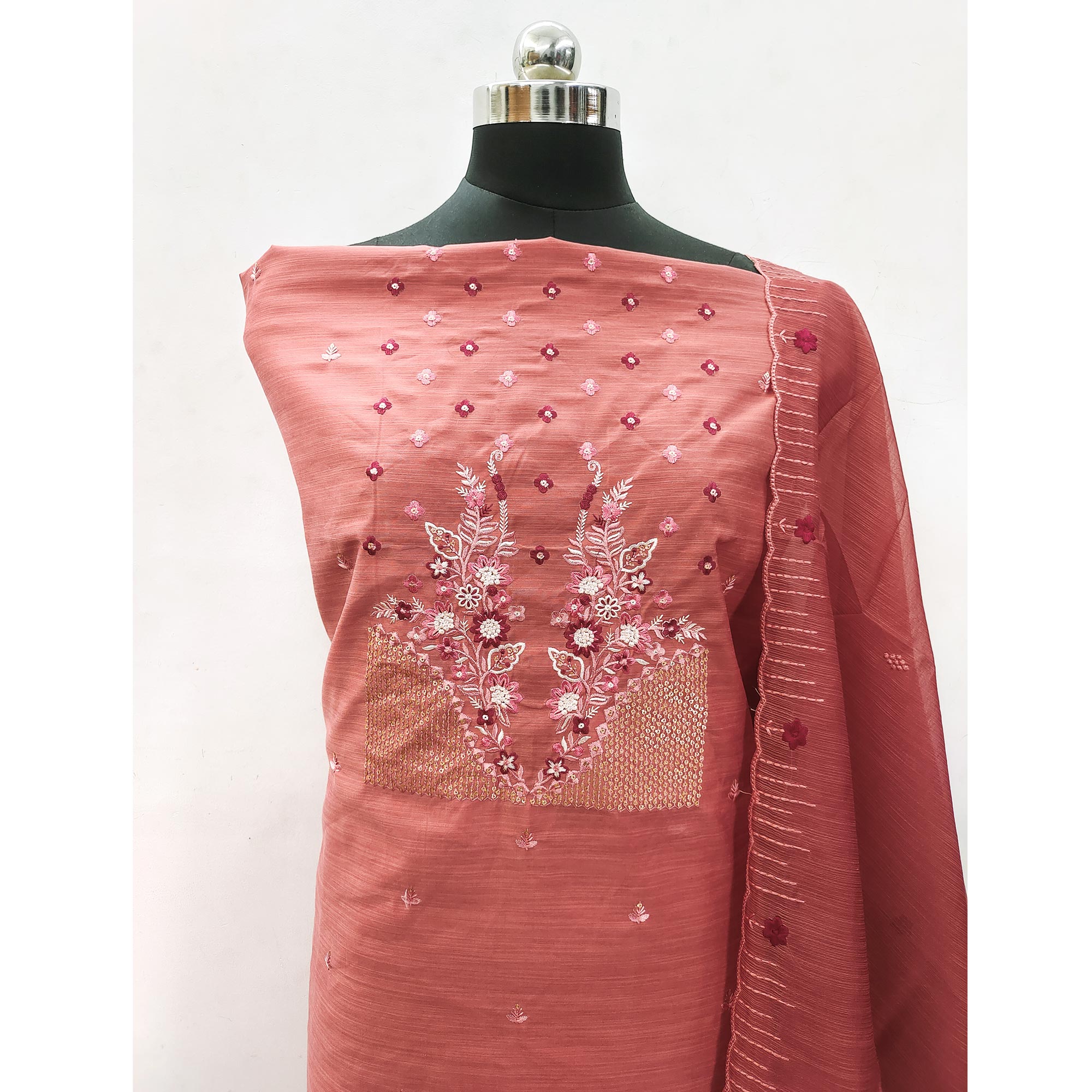 Red Floral Embroidered Cotton Blend Dress Material
