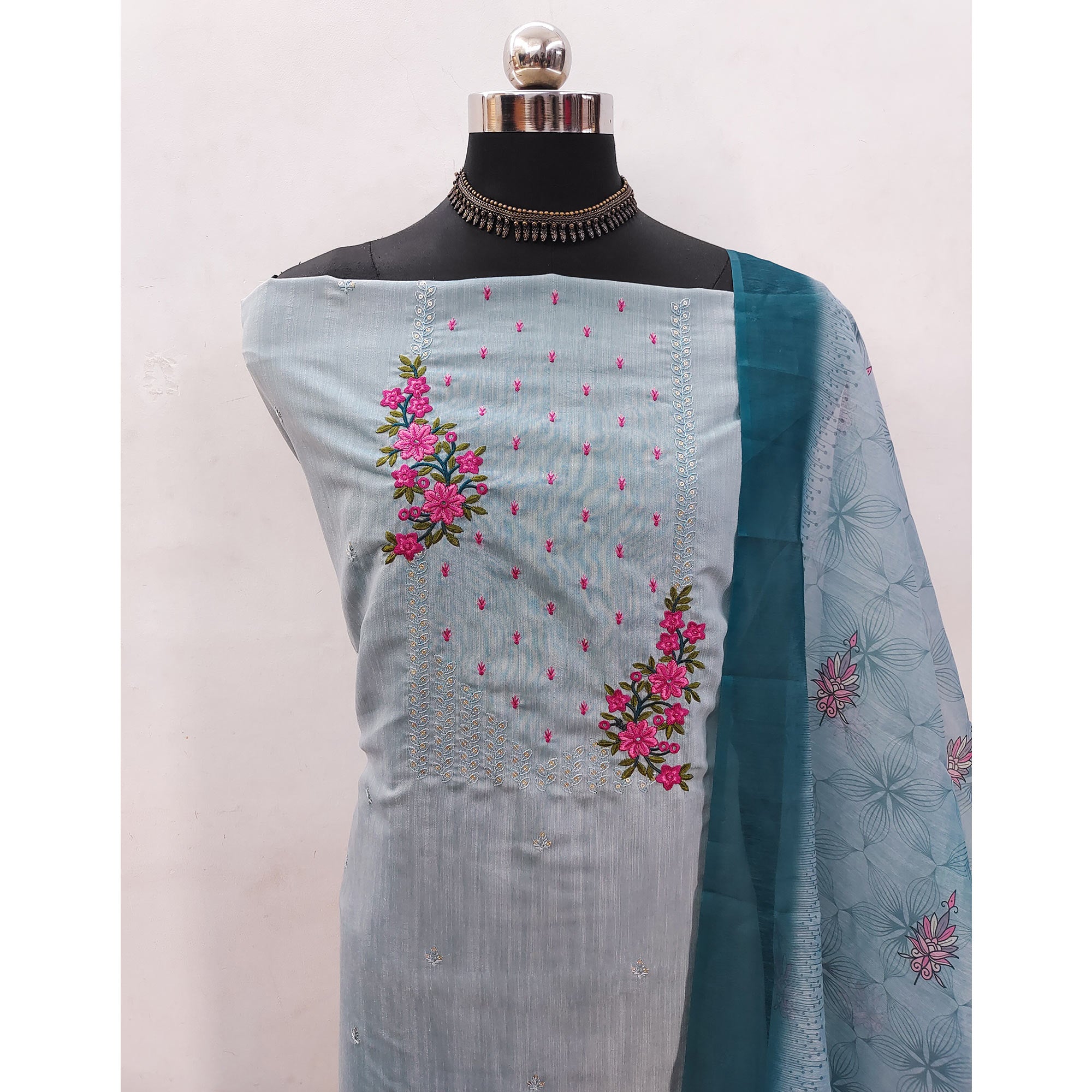 Bluyish Grey Floral Embroidered Cotton Blend Dress Material