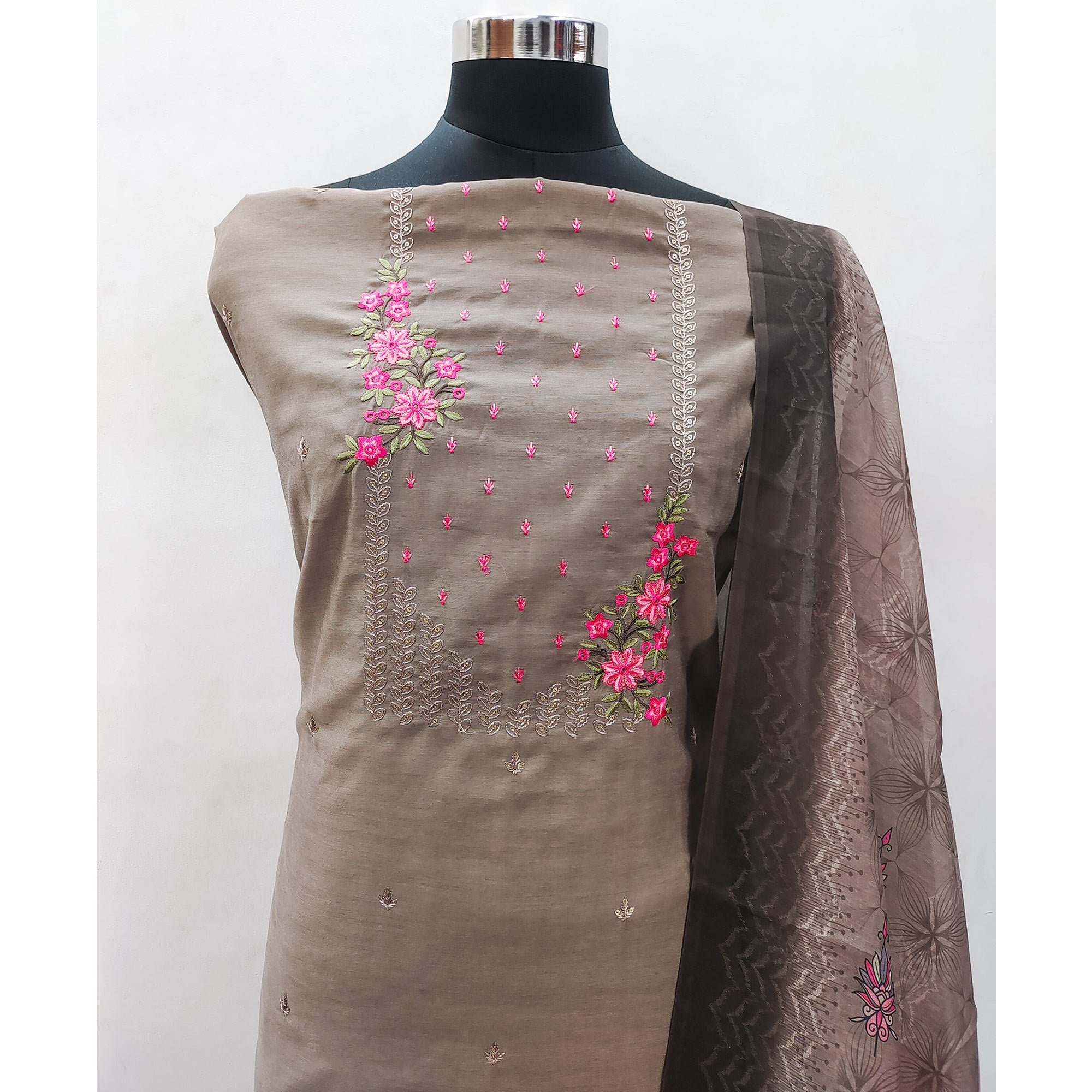 Brown Floral Embroidered Cotton Blend Dress Material