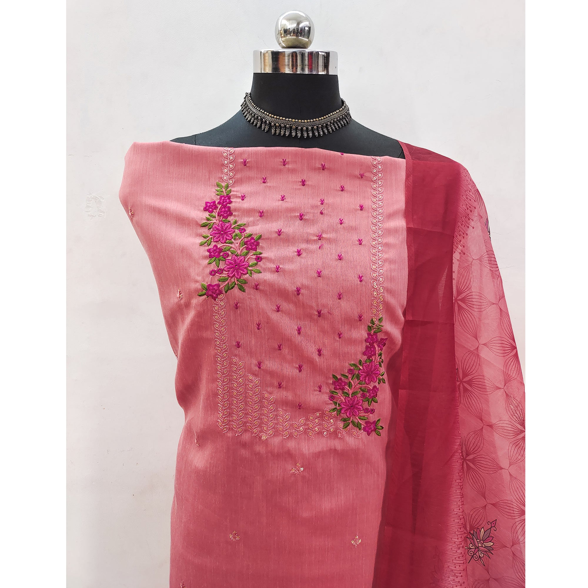 Dark Peach Floral Embroidered Cotton Blend Dress Material