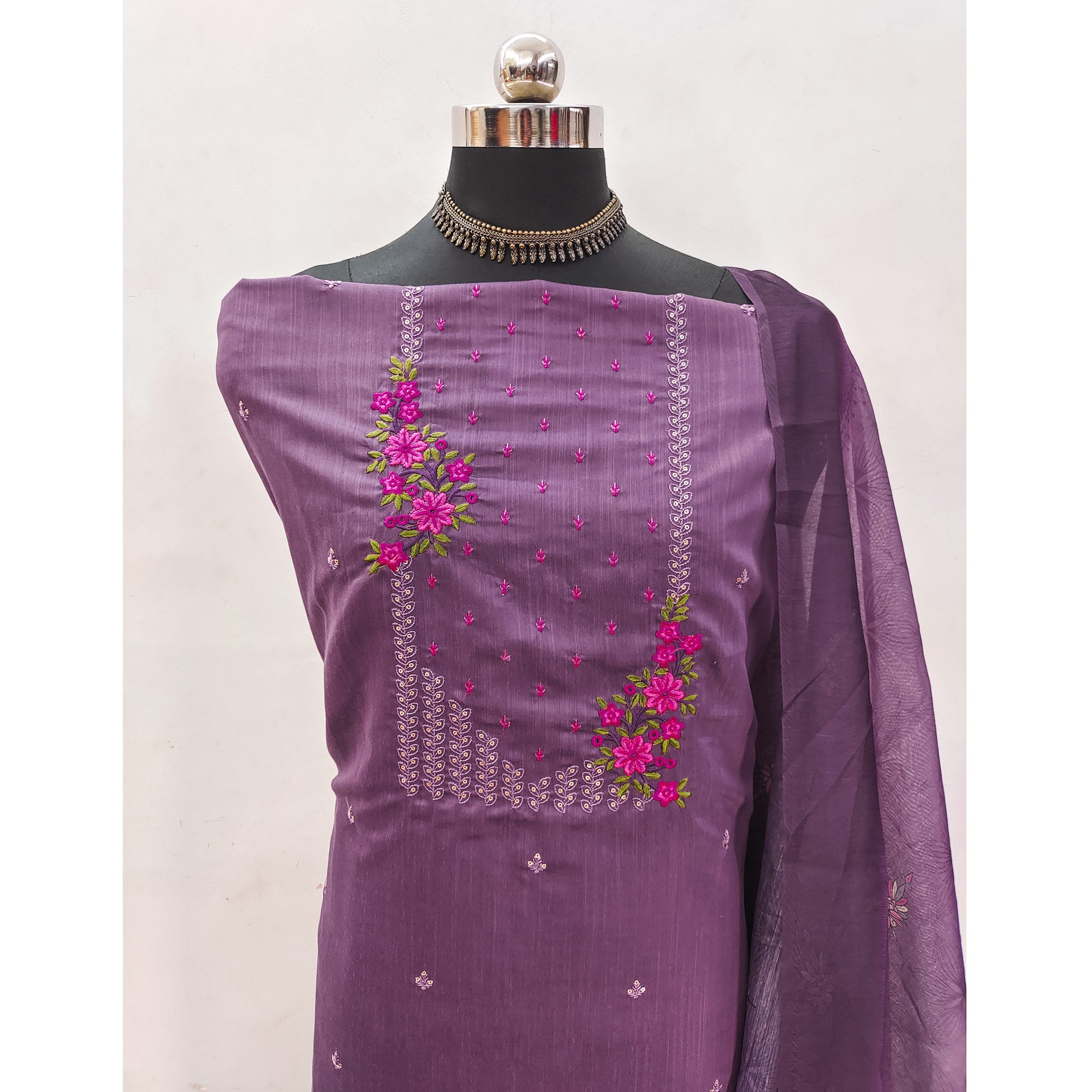 Dark Purple Floral Embroidered Cotton Blend Dress Material