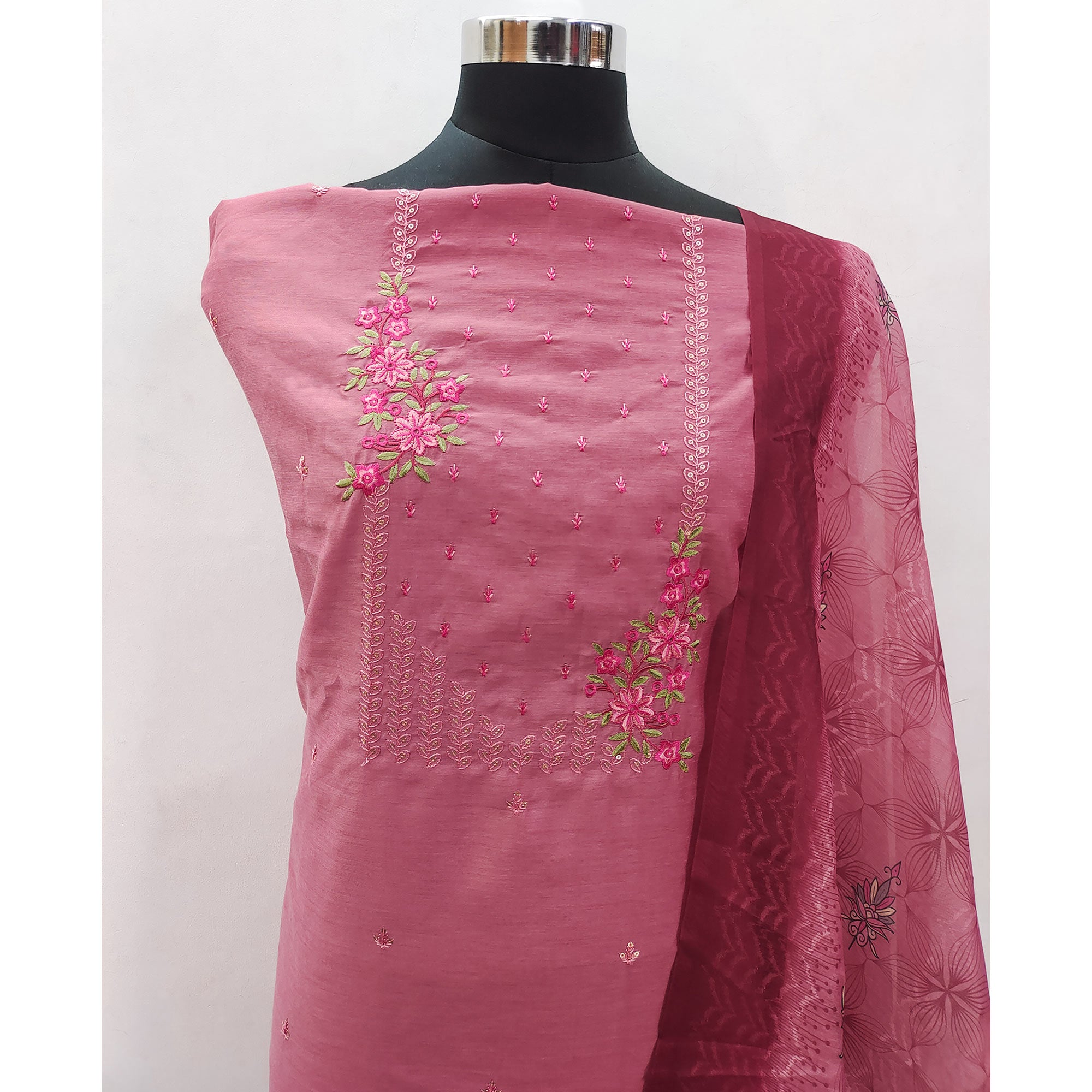 Pink Floral Embroidered Cotton Blend Dress Material