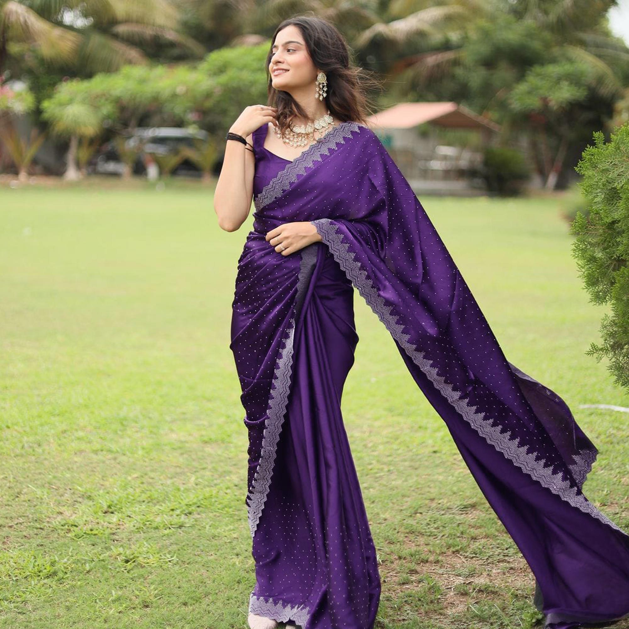 Purple Stone Work Embroidered Satin Saree