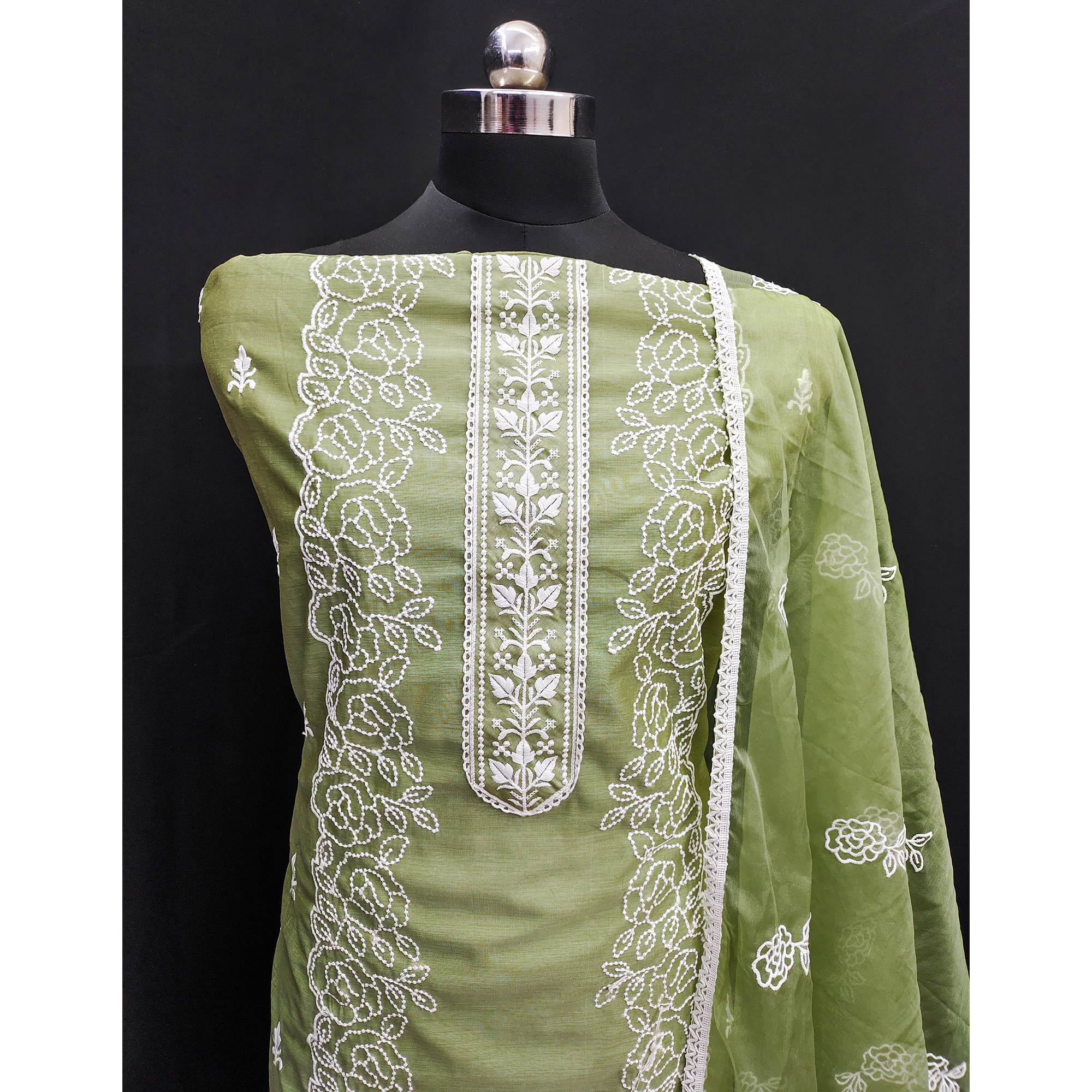Green Floral Embroidered Chanderi Dress Material