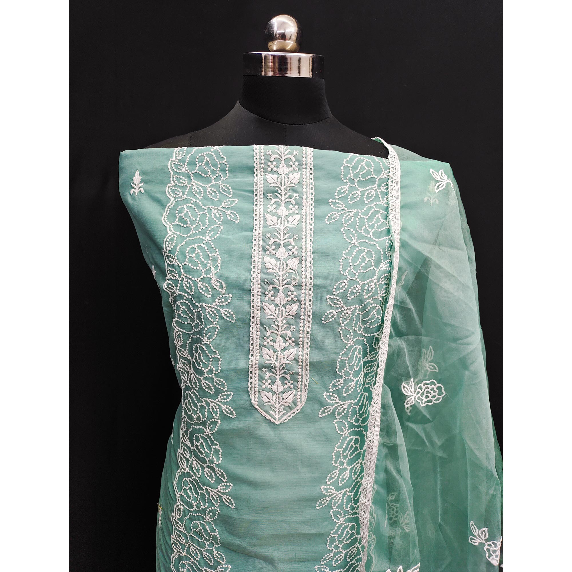 Sea Green Floral Embroidered Chanderi Dress Material
