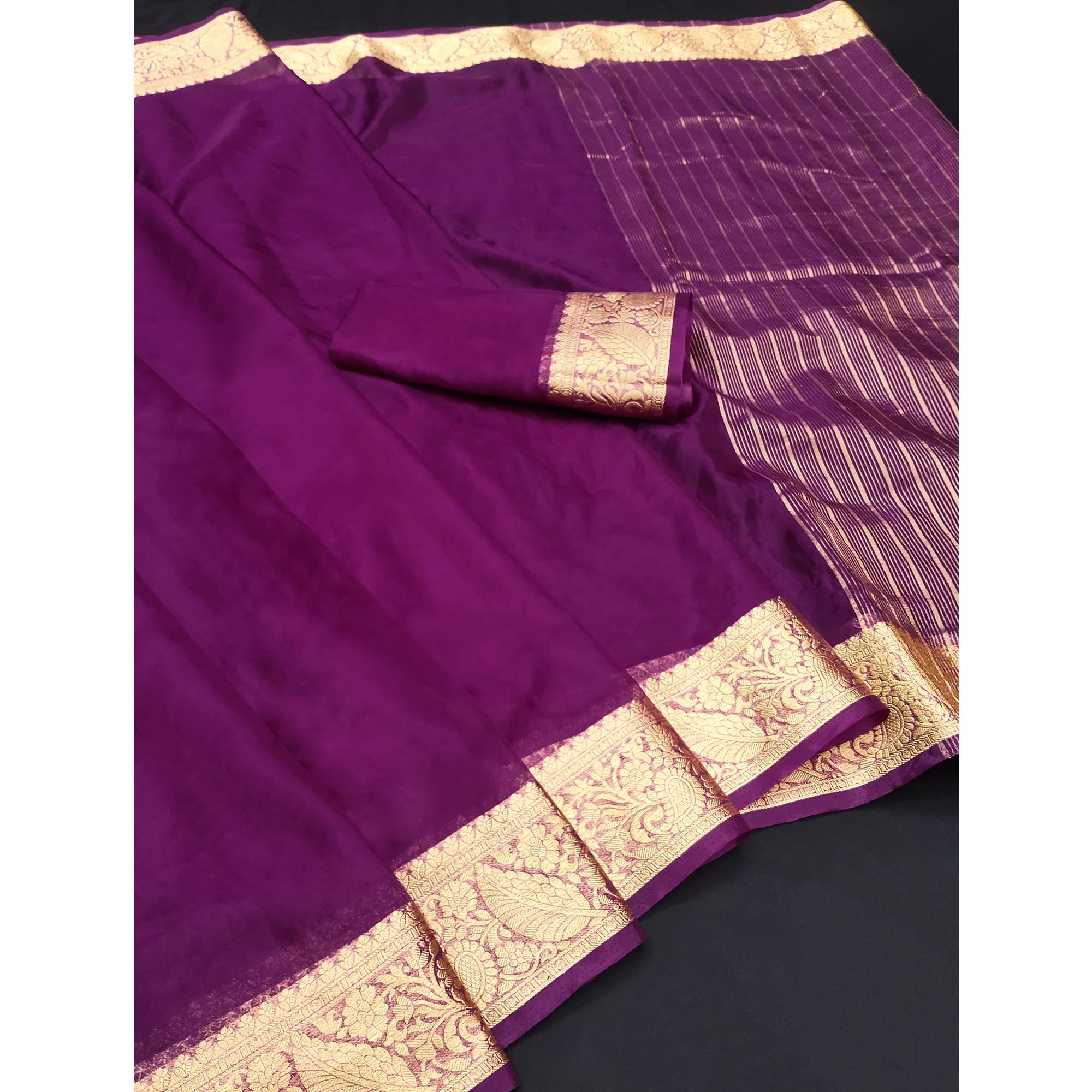 Dark Purple Solid Organza Saree With Zari Border