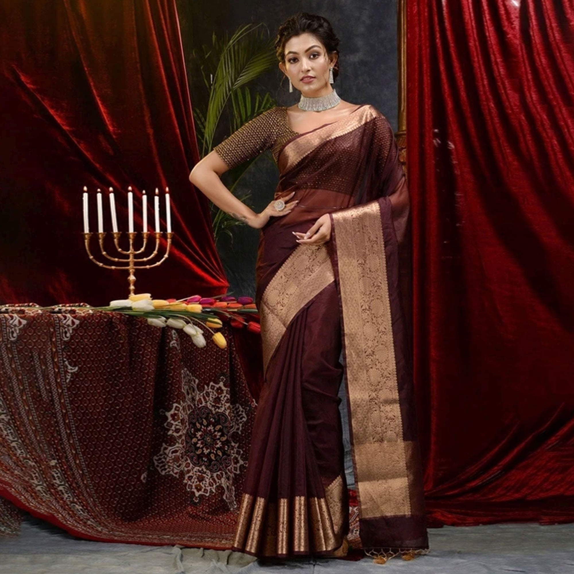 Dark Maroon Solid Organza Saree With Zari Border