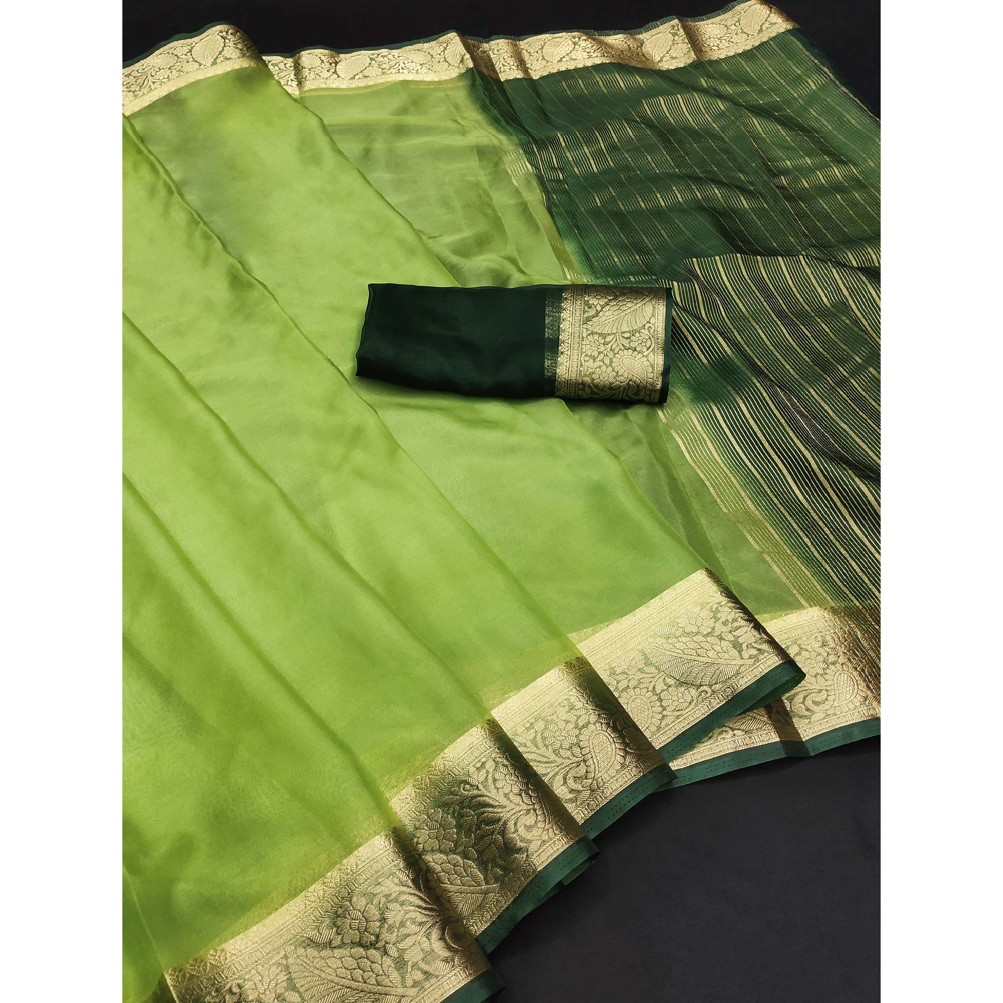 Green Solid Organza Saree With Zari Border