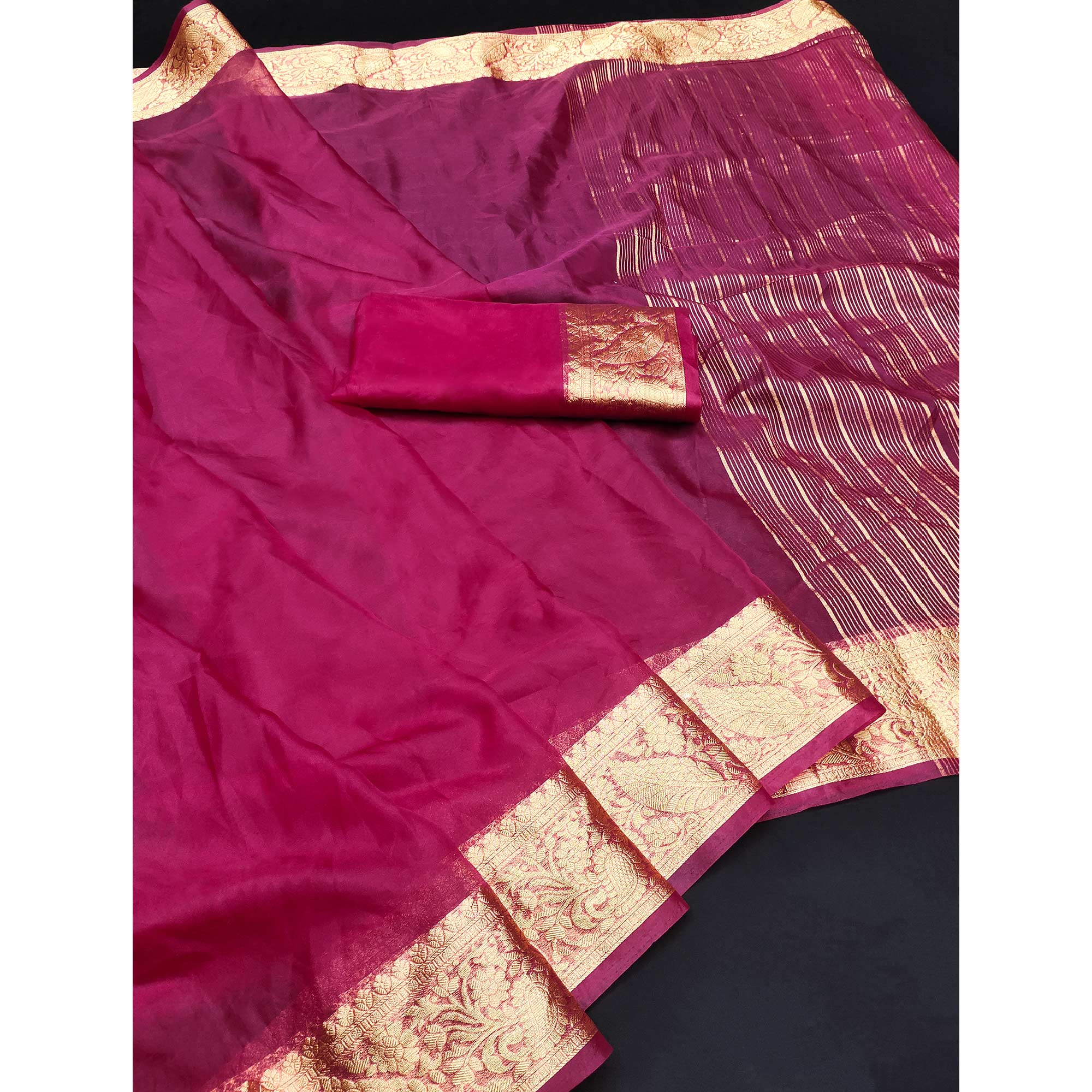 Magenta Solid Organza Saree With Zari Border