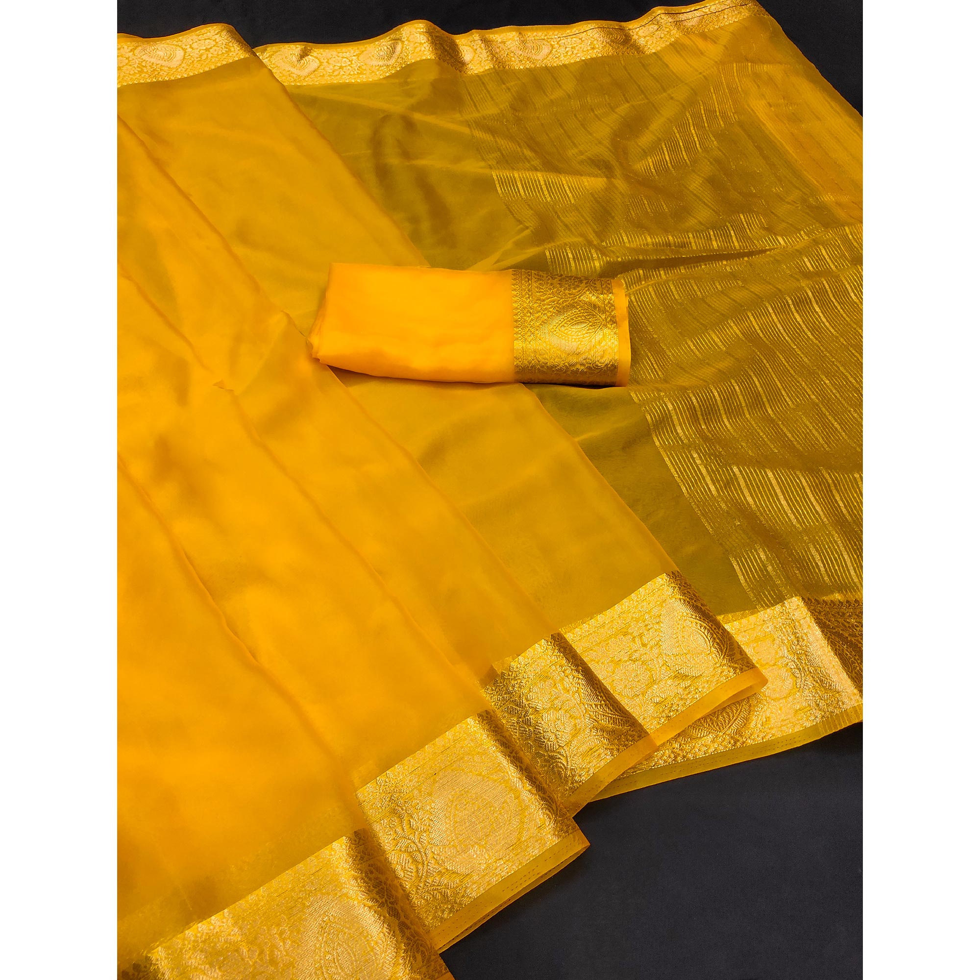 Mustard Solid Organza Saree With Zari Border