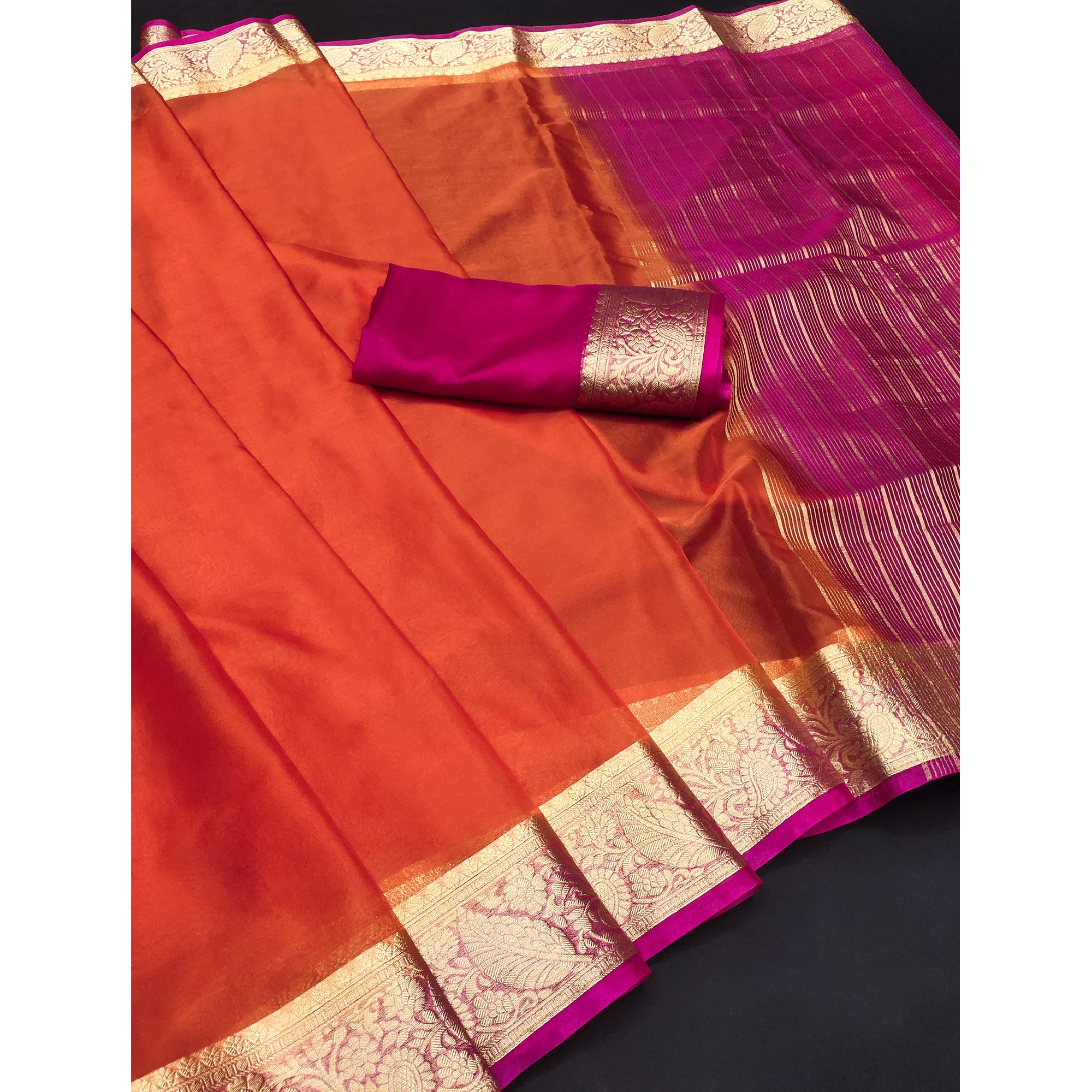 Orange Solid Organza Saree With Zari Border