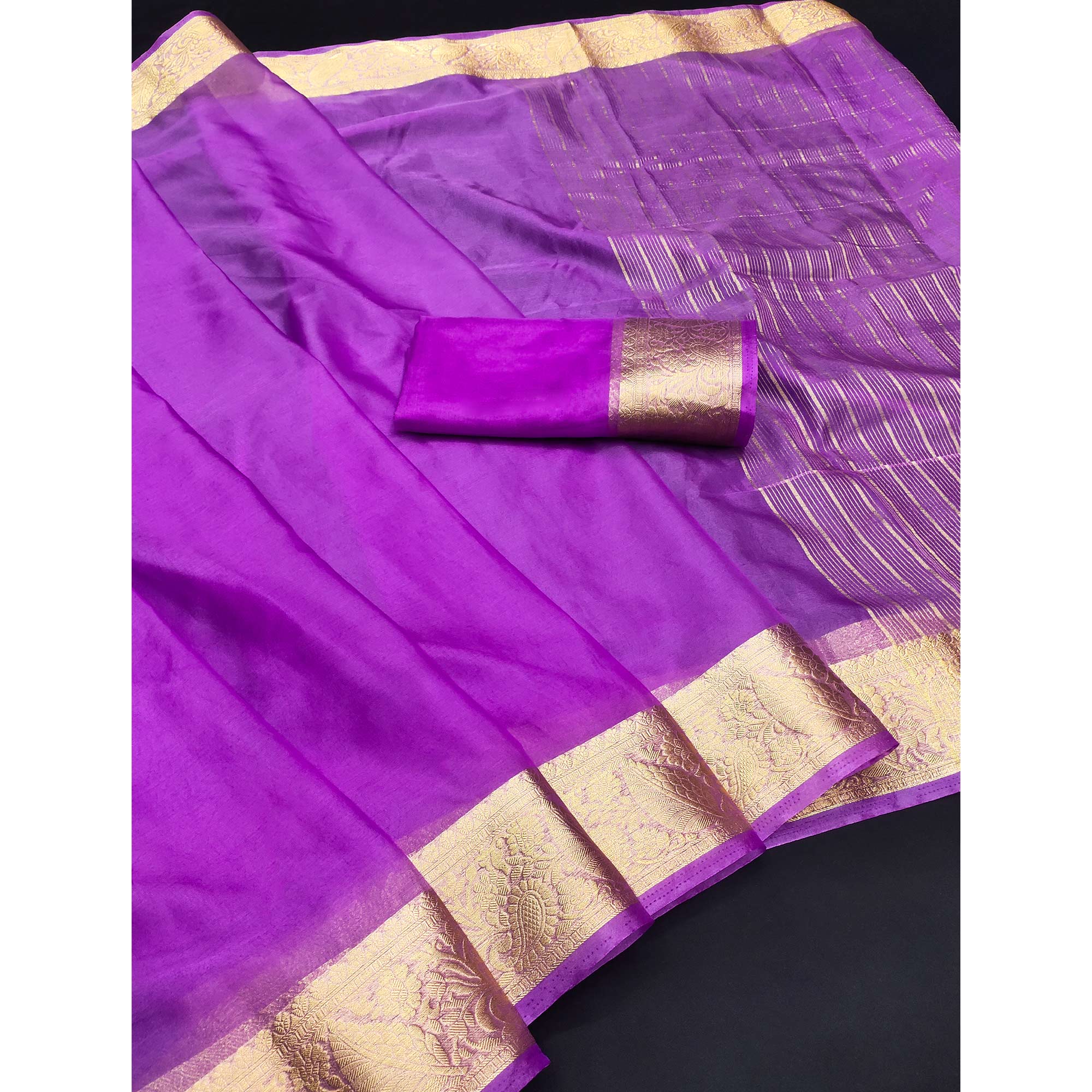 Purple Solid Organza Saree With Zari Border