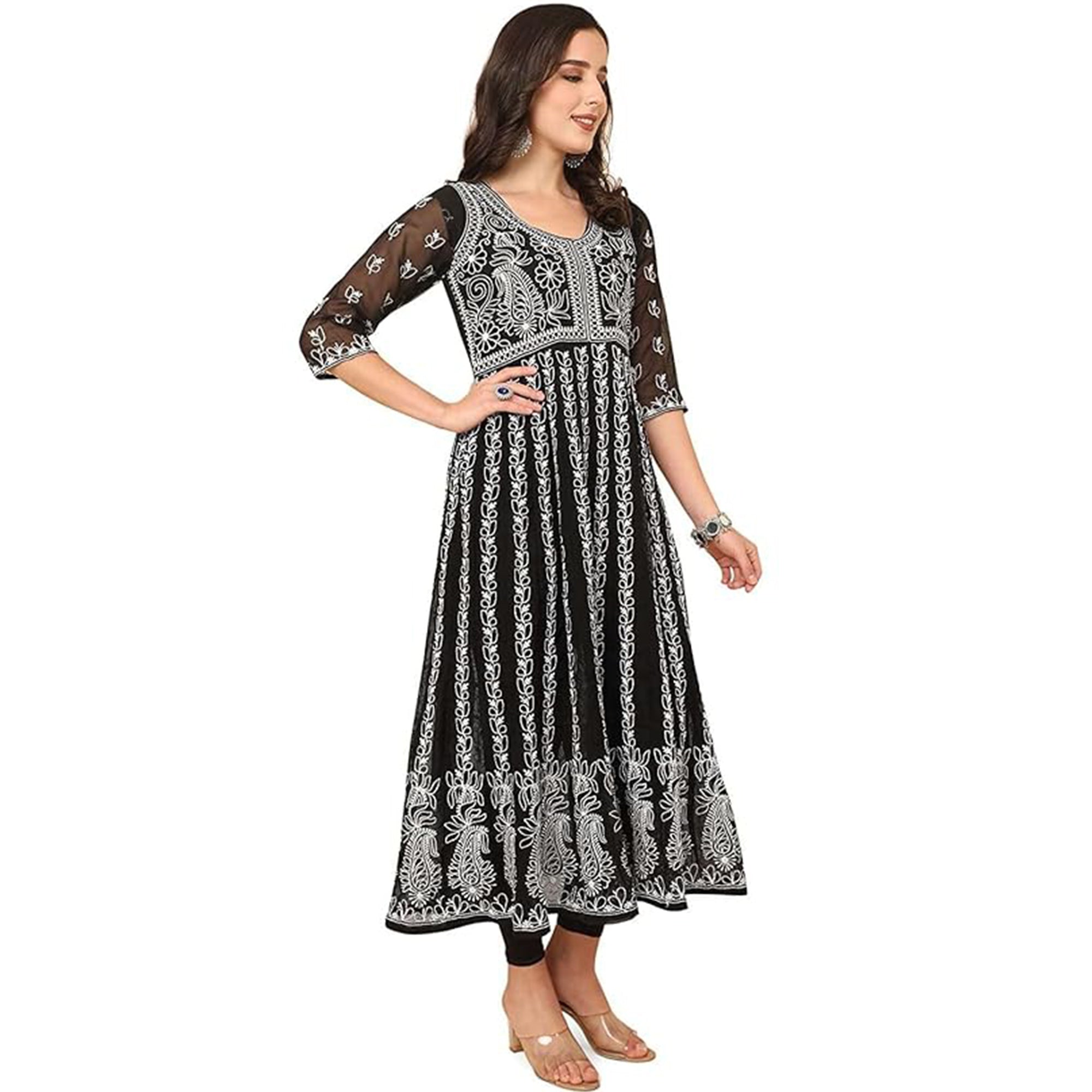 Black Chikan Embroidery Georgette Anarkali KurtI