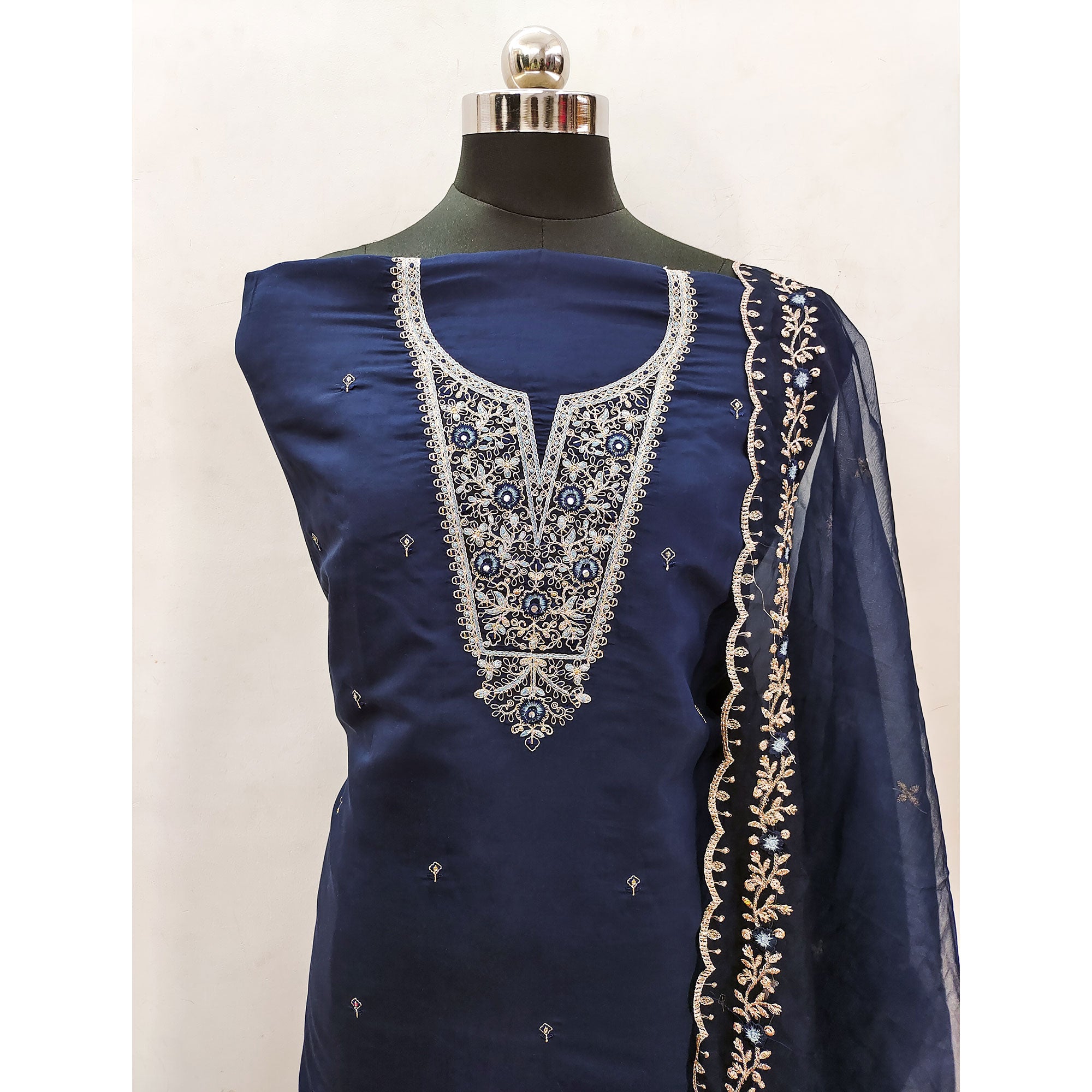 Blue Floral Embroidered Viscose Dress Material