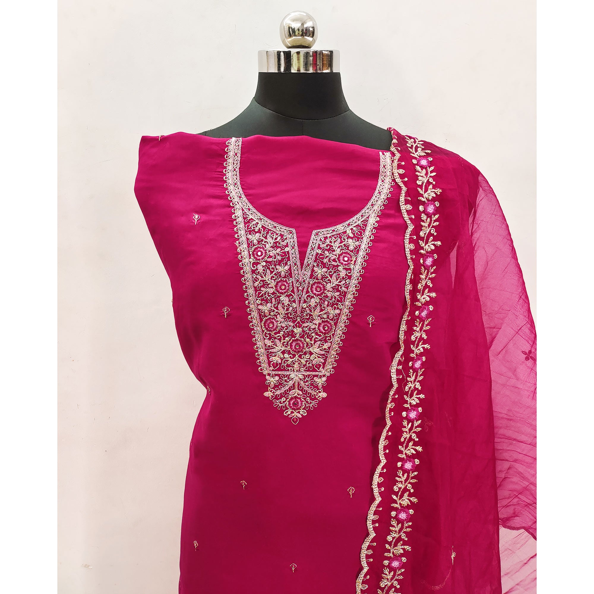 Pink Floral Embroidered Viscose Dress Material