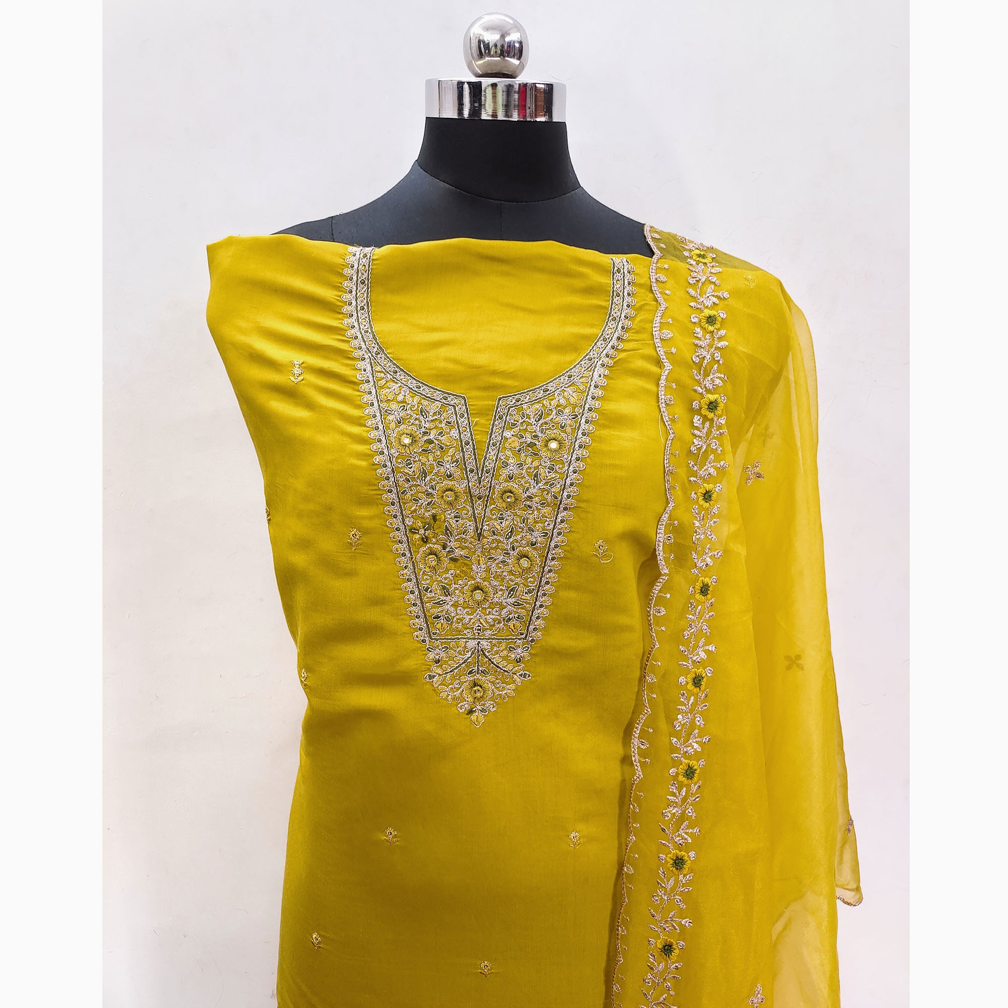 Yellow Floral Embroidered Viscose Dress Material