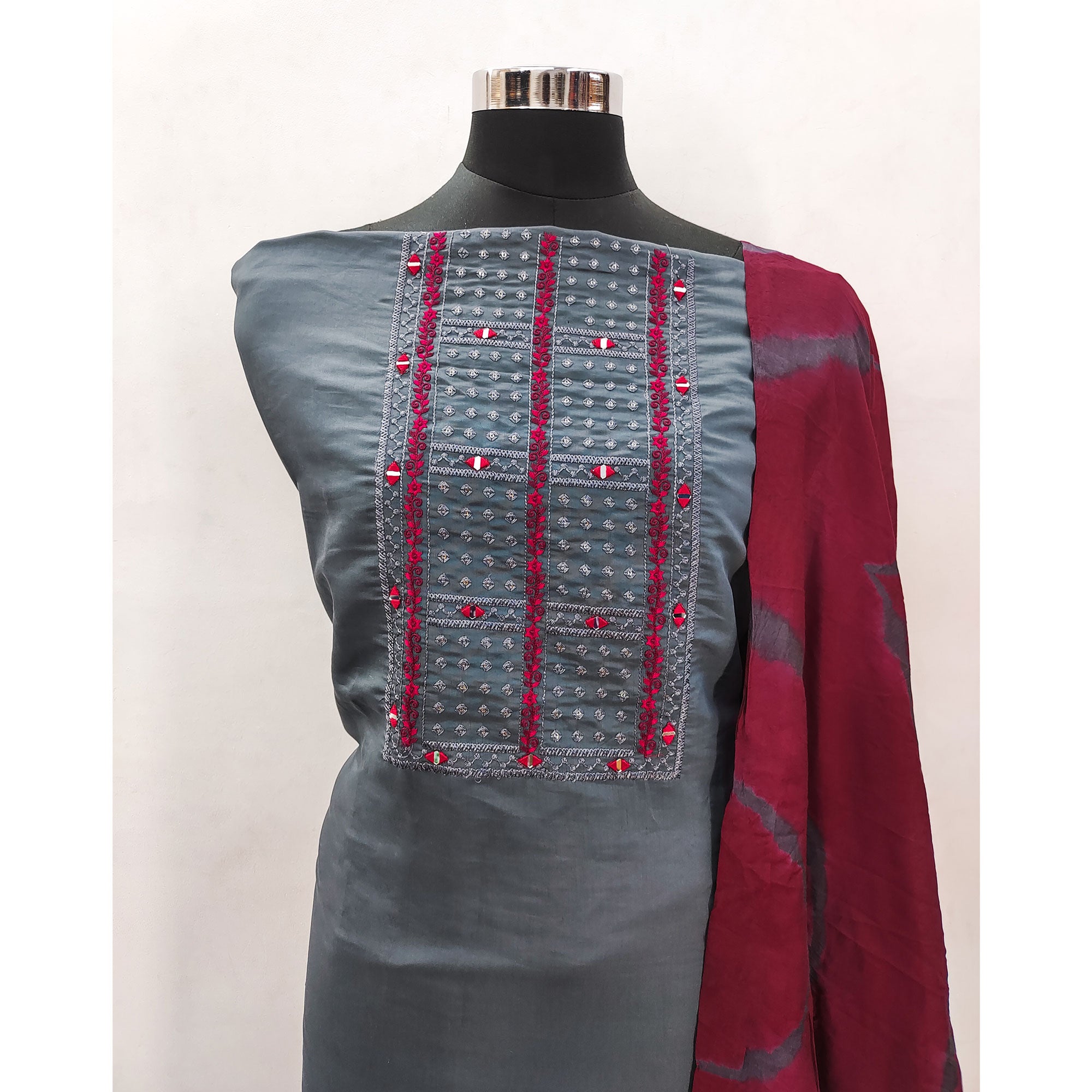 Grey Embroidered Viscose Dress Material
