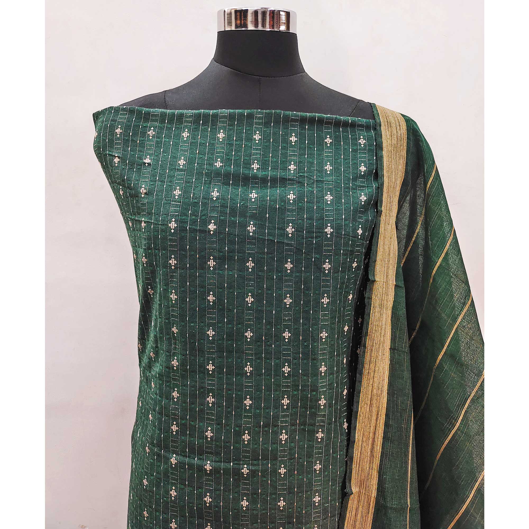 Green Woven Pure Cotton Dress Material