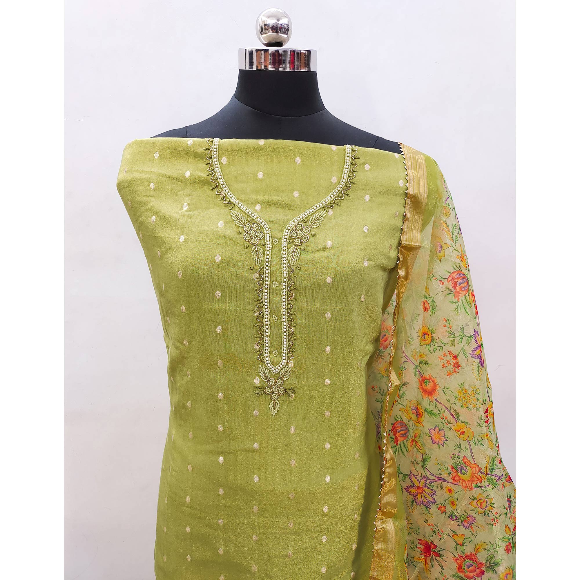 Green Zari Work Woven Net Dress Material