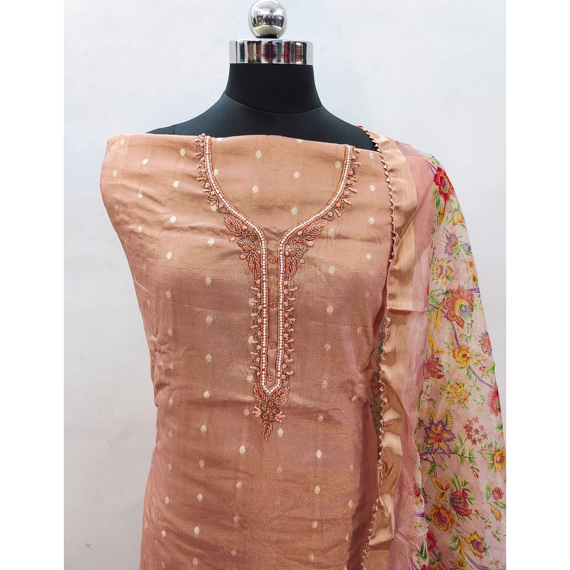 Peach Zari Work Woven Net Dress Material