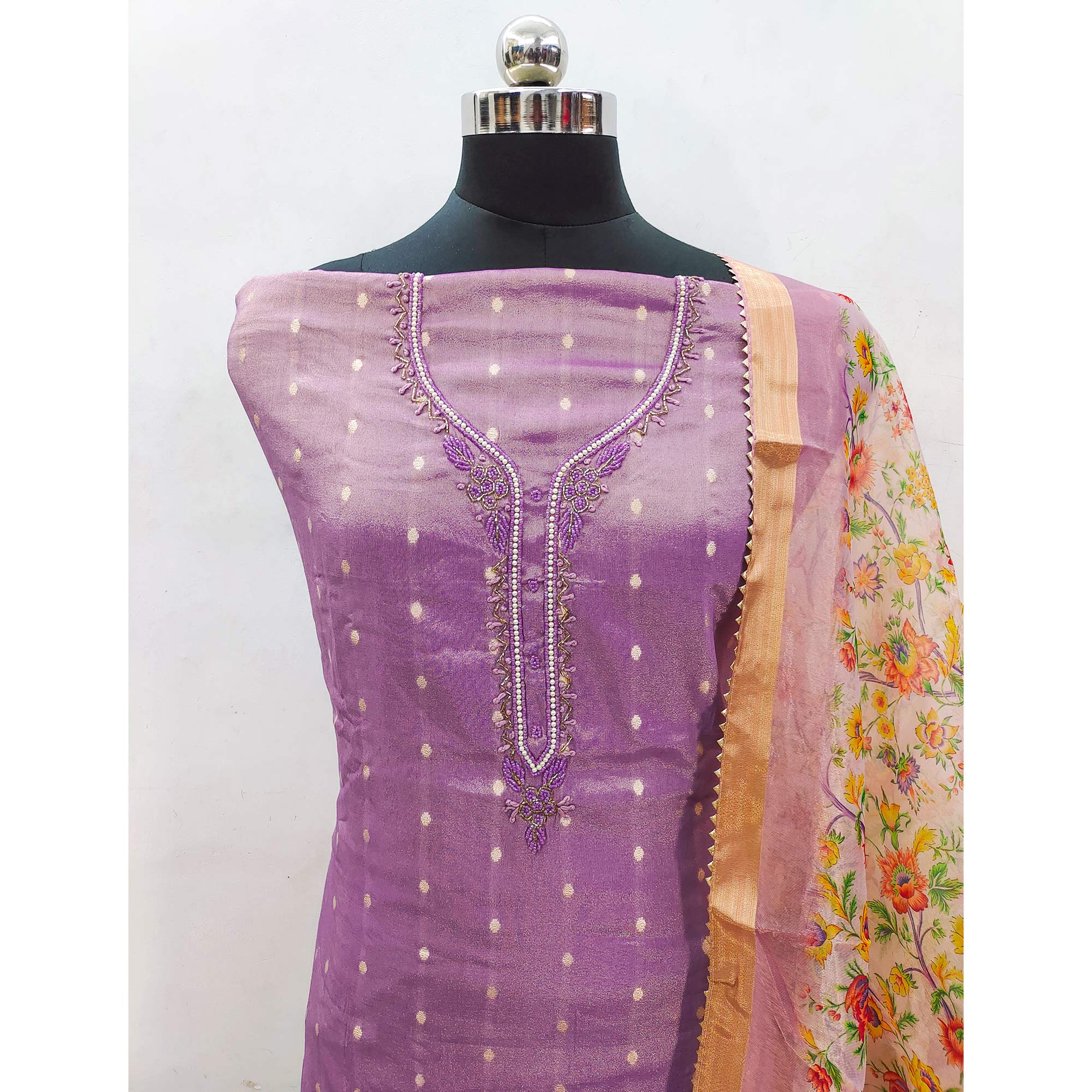 Purple Zari Work Woven Net Dress Material